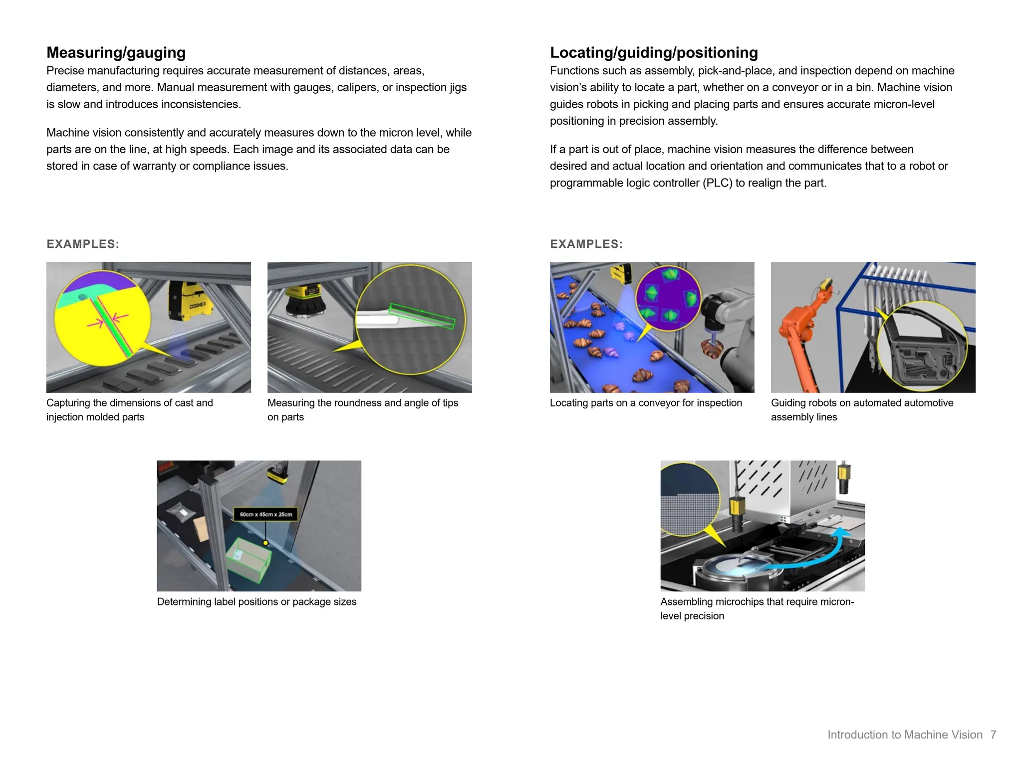 Measuring/gauging
Precise manufacturing requires accurate measurement of distances, areas,
diameters, and more. Manual measurement with gauges, calipers, or inspection jigs
is slow and introduces inconsistencies.
Machine vision consistently and accurately measures down to the micron level, while
parts are on the line, at high speeds. Each image and its associated data can be
stored in case of warranty or compliance issues.
Capturing the dimensions of cast and
injection molded parts
Measuring the roundness and angle of tips
on parts
Determining label positions or package sizes
Locating/guiding/positioning
Functions such as assembly, pick-and-place, and inspection depend on machine
vision’s ability to locate a part, whether on a conveyor or in a bin. Machine vision
guides robots in picking and placing parts and ensures accurate micron-level
positioning in precision assembly.
If a part is out of place, machine vision measures the difference between
desired and actual location and orientation and communicates that to a robot or
programmable logic controller (PLC) to realign the part.
Locating parts on a conveyor for inspection Guiding robots on automated automotive
assembly lines
Assembling microchips that require micron-
level precision
EXAMPLES:
EXAMPLES:
7
Introduction to Machine Vision
 