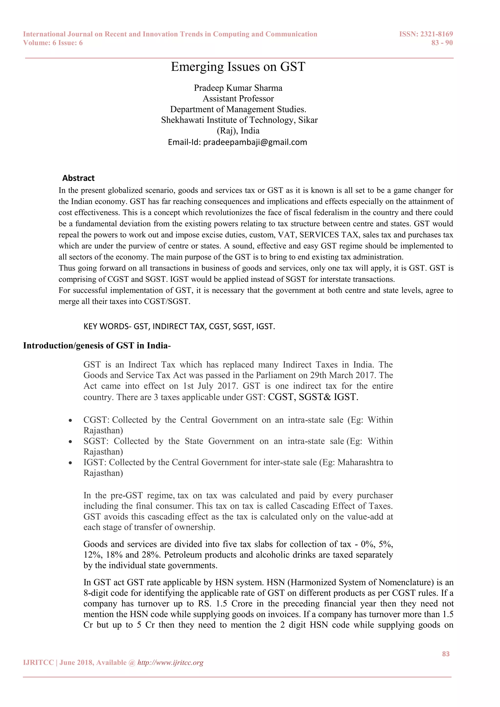 Emerging Issues on GST | PDF