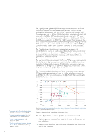 22
The French nuclear programme provides some further useful data on capital
costs. The Cour des Comptes3
has said that the cost of building nuclear
power plants has increased over time from €1170/kWe (in 2010 prices) when
Fessenheim was built in 1978, to €2060/kWe (in 2010 prices) when Chooz B12
were built in the 1990s. EDF’s projected construction cost for the EPR under
construction at Flamanville was estimated in December 2022 to be €8100/kWe
(in 2015 prices, equivalent to €7500/kWe in 2010 prices).4
It can be argued that a
lot of this escalation relates to the much smaller magnitude of the programme by
2000 (compared with when the French were commissioning 4-6 new PWRs per
year in the 1980s) and the failure to achieve economies of series production.
The French programme also shows that industrial organization and
standardization of a series of reactors allowed construction costs, construction
time, and operations and maintenance (OM) costs to be brought under control.
In addition, it shows also the cost of increasing safety standards from one
generation of reactors to the next.
The total overnight investment cost of the French PWR programme amounted to
€83.2 billion (in 2010 prices, equivalent to €107.4 billion in 2022 prices). When
divided by the total installed capacity (62.5 GWe), the average overnight cost
is €1330/kWe (in 2010 prices; €1720/kWe in 2022 prices). This is in line with the
costs that were then provided by the manufacturers.
The Futurs énergétiques 2050 report by French transmission system operator
RTE assumes an average overnight cost for the first unit of a programme of
six EPR 2 units in France would be around €5400/kWe (2019 prices), falling to
€4500/kWe for later units.5
3
Les coûts de la filière électronucléaire,
Cour des Comptes (January 2012)
4
Update on the Flamanville EPR, EDF
press release (16 December 2022)
5
Futurs énergétiques 2050, RTE
(February 2022)
6
Reduction of Capital Costs of Nuclear
Power Plants, OECD Nuclear Energy
Agency (2000)
Overnight
construction
cost
($
2010
/kWe)
3000
2800
2600
2400
2200
2000
1800
1600
1400
1200
1000
1970 1975 1980 1990
1985 1995
-6%
-23% -19%
CP0 CPY N4
P4-P'4
Source: Unlocking Reductions in the Construction Costs of Nuclear: A Practical Guide for Stakeholders,
OECD Nuclear Energy Agency (2020)
Figure 4.2. French nuclear programme construction costs
A number of possibilities have been identified to reduce capital costs:6
• Replicating several reactors of one design on one site can bring major unit
cost reductions.
• Standardization of reactors and construction in series will yield substantial
savings over the series.
 