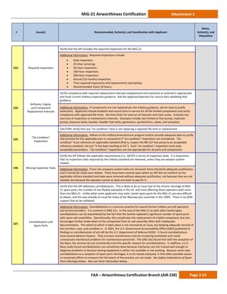 MiG-21 Airworthiness Certification Attachment 3
# Issue(s) Recommended, Action(s), and Coordination with Applicant
Notes,
Action(s), and
Disposition
FAA – Airworthiness Certification Branch (AIR-230) Page 3-23
103. Required Inspections
Verify that the AIP includes the required inspections for the MiG-21.
Additional Information: Required inspections include:
• Daily inspection;
• 25-Hour servicing;
• 50-Hour inspection;
• 100-Hour inspection;
• 200-Hour inspection;
• Annual (12 months) inspection;
• Time required inspections and replacements (see below);
• Recommended: Every 10 hours;
104.
Airframe, Engine,
and Component
Replacement Intervals
Verify compliance with required replacement intervals (replacement and overhaul) as outlined in appropriate
and most current military inspection guidance. Ask the applicant/operator for source data validating that
guidance.
Additional Information: If components are not replaced per the military guidance, ask for data to justify
extensions. Applicants should establish and record time-in-service for all life-limited components and verify
compliance with approved life limits. Set time limits for overrun of intervals and track cycles. Evaluate any
overruns of inspection or maintenance intervals. Examples include, but limited to fuel pumps, hydraulic
pumps, pressure tanks, booster, bladder fuel tanks, generators, pyrotechnics, valves, and actuators.
105.
“On Condition”
Inspections
CAUTION: Verify that any “on condition” item is not replacing a required life-limit or replacement
Additional Information: Adhere to the military/manufacturer program and/or provide adequate data to justify
that practice for the applicable part or component if “on condition” inspections are considered. “On
condition” must reference an applicable standard (that is, inspect the NR-21F fuel pump to an acceptable
reference standard, not just “it has been working so far”). Each “on condition” inspection must state
acceptable parameters. “On condition” inspections are not appropriate for all parts and components.
106. Missing Inspection Tasks
Verify the AIP follows the applicable requirements (i.e., NATO) in terms of inspection tasks. It is imperative
that no inspection tasks required by the military standard are removed, unless they are weapon system
related.
Additional Information: If any non-weapons system tasks are removed, there should be adequate justification,
and it cannot be solely cost-related. There have been several cases where an AIP did not conform to the
applicable military standard and tasks were removed without adequate justification, not because they are not
needed, but because the operator cannot or does not want to pay for it.
107.
Cannibalization and
Spare Parts
Verify that the AIP addresses cannibalization. This is likely to be an issue due to the chronic shortage of MiG-
21 spare parts, the number of non-flyable examples in the US, and most affecting those operators with more
than one MiG-21. Unlike what some applicants may state, Soviet spare parts for the MiG-21 are very difficult
to obtain, and this was already an issue for many of the Warsaw pact countries in the 1990s. There is no OEM
support that an be validated.
Additional Information: Cannibalization is a common practice for several former military aircraft operators
and service providers. It is common in MiG-21s. In the case of the MiG-21 as with other Soviet types,
cannibalization can be exacerbated by the fact that the Soviets replaced a significant number of spare parts
with spare sub-assemblies. Operationally, this complicates the replacement of a failed component, but also
encourages further brake down of the component from its sub-assembly often with inadequate
documentation. The extent to which it takes place is not necessarily an issue, but keeping adequate records of
the transfers, uses, and condition is. In 2001, the U.S. Government Accountability Office (GAO) published its
findings on cannibalization of aircraft by the U.S. Department of Defense (DOD). It found cannibalizations
have several adverse impacts. They increase maintenance costs by increasing workloads and create
unnecessary mechanical problems for maintenance personnel. The GAO also found that with the exception of
the Navy, the services do not consistently track the specific reasons for cannibalizations. In addition, a U.S.
Navy study found cannibalizations are sometimes done because mechanics are not trained well enough to
diagnose problems or because testing equipment is either not available or not working. Because some view
cannibalization as a symptom of spare parts shortages, it is not closely analyzed, in that other possible causes
or concerted efforts to measure the full extent of the practice are not made. See Safety Implications of Spare
Parts Shortage below. Also see Parts Fabrication below.
 