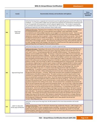 MiG-21 Airworthiness Certification Attachment 3
# Issue(s) Recommended, Action(s), and Coordination with Applicant
Notes,
Action(s), and
Disposition
FAA – Airworthiness Certification Branch (AIR-230) Page 3-24
108.
Drag Chute
(General)
Verify that the drag chute is inspected and maintained as per the applicable guidance and the AIP reflects that
installation. It is a critical safety of flight issue and needs to be inspected and maintained by trained personnel
as per the applicable technical guidance and with adequate logbook entries. This includes re-packing after
use, and those tasks properly documented. Known failures are: fuse pin failure, entangled lines (inadequate
packing and inspection), and release mechanism failure (cable, door).
Additional Information: Repacking and re-installation of the drag chute is not a responsibility to be allocated
to untrained personnel, and is not, as some operators have accepted “a pilot responsibility, normally
accomplished as part of the preflight inspection and not logged in the maintenance records.” There are cases
in US civil use (one in 1994) where the drag chute failed because the drag chute fuse stitching failed after
deployment, causing the chute to separate. In 2012 a drag chute failure resulted in an overrun. There should
be adequate technical data to validate the installation. The drag chute system includes the PT-12UK chute
container mounted in the tail. In some earlier MiG-21s, the drag chute installation had an opening composed
of twin-doors in the fuselage underside. This allowed the streaming of the chute, which pulled the cable from
an under- fuselage channel, with stowage in the ventral fin, to which the end of the cable was attached. See
Approved Drag Chute and Drag Chute Technical Guidance below.
109. Approved Drag Chute
Verify that the drag chute installed in the aircraft is actually an approved type.
Additional Information: Depending on the version of the aircraft, examples include: the PT-5759-58 (16 m2
),
PT-5281-62 (19 m2
). Depending on version and variant, drag chute containers may include the PT-21U, PT-
21UT, and PT-21K (i.e., on late production MiG-21PF and MiG-21PFM) containers. The required technical
guidance must be available and in English. The Chinese J-7 drag chute system differs from the Soviet type. For
example, the parachute container is different. The MiG-21 had a drag chute container with a parabolic rear
end that was split vertically to form both forms, while the Chinese fighter’s container was closed by a one-
piece hemispherical fairing hinged at the top. A recent update from a MiG-21 restoration in the US points to
several of the safety issues surrounding the drag chute in the MiG-21, especially when the applicable technical
guidance is lacking: “One of the things our MiG-21 was decidedly lacking was a drag parachute. Even with the
new extension, lengthening the Lancaster Airport runway to 6,500 feet, stopping the MiG-21 without rapidly
going through brakes and tires is going to take a little extra work…We looked around for parachute sources
and, out of curiosity, checked with the importer that brings in things for the Nanchang CJ-6A. Since the
Chinese make a MiG-21 copy, the J-7, it stood to reason that drag parachutes might be available at a
reasonable price. To everyone’s surprise, he discovered that J-7 parts are even more plentiful than are CJ-6A
parts. Eventually a box with a military looking bag and some funny nylon umbrellas showed up. Fortunately,
the bag came with instructions... in Chinese. Step by step instructions were included for assembling the 14
individual pieces of the MiG-21 drag parachute. The system consists of a container bag into which a hook
mechanism on a plate fills the base end. A 5 meter multi-part braided line then connects to the plate. The
lines are covered with a protective canvas sleeve. One of the reasons that drag parachutes are hard to find in
Eastern Europe is that the braided line makes an excellent tow rope for pulling cars. This line then connects to
the base of the parachute itself. At each connection point, a canvas sleeve with drawstrings protects the
parachute components from chafing on the runway. We were pleased that a completely new parachute set
like the one we’d acquired came with several extra protective sleeves. Last, but not least, a drag chute drogue
chute connects to the top of the parachute to assist in deployment. The inner sleeve of the drogue houses a
spring that leaps out into the world and pulls the main chute behind it. It is interesting to see the ratio of
various spares... the kit came with three drogues; the drogue must take a lot of abuse. We haven’t acquired
one of these machines but we’re told that it’s possible to manually pack the parachute into the housing bag
with a little effort. The parachute is deployed manually by the pilot upon landing with a push of a button in
the cockpit. The housing in the tail opens and pneumatic pressure opens the clamshell in the tail to let the
drogue chute leap out into the world. After slowing to a speed where the parachute is no longer effective, a
second button releases the chute to be picked up by ground crew. A final picture shows the parachute tied
into the bag with a holding pin that keeps it all together until it’s been placed in the aircraft and
“armed.” http://blog.cwam.org.
110.
USAF T.O. 00-25-241
(Chute Logs and Records)
Verify that, on the issue of the drag chute, the AIP provides for the correct documentation and records
keeping.
Additional Information: USAF T.O. 00-25-241, Parachute Logs, and Records, February 1, 1997, Change 2, July
15, 1999, can be used if no other acceptable process is provided. The purpose of this technical order is to
explain how to prepare, replace, and dispose of AF T.O. Form 391, Parachute Log, and AF T.O. Form 392,
Parachute Repack, Inspection and Component Record which are used to log and record parachute information.
The use of these forms is highly recommended.
 