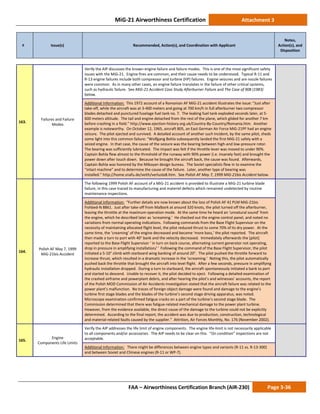 MiG-21 Airworthiness Certification Attachment 3
# Issue(s) Recommended, Action(s), and Coordination with Applicant
Notes,
Action(s), and
Disposition
FAA – Airworthiness Certification Branch (AIR-230) Page 3-36
163.
Failures and Failure
Modes
Verify the AIP discusses the known engine failure and failure modes. This is one of the most significant safety
issues with the MiG-21. Engine fires are common, and their cause needs to be understood. Typical R-11 and
R-13 engine failures include both compressor and turbine (HP) failures. Engine seizures and are nozzle failures
were common. As in many other cases, an engine failure translates in the failure of other critical systems,
such as hydraulic failure. See MiG-21 Accident Case Study Afterburner Failure and The Case of 908 (1983)
below.
Additional Information: This 1972 account of a Romanian AF MiG-21 accident illustrates the issue: “Just after
take-off, while the aircraft was at 3-400 meters and going at 700 km/h in full afterburner two compressor
blades detached and punctured fuselage fuel tank no. 7. The leaking fuel tank exploded seconds later, at 5-
600 meters altitude. The tail and engine detached from the rest of the plane, which glided for another 7 km
before crashing in a field.” http://www.ejection-history.org.uk/Country-By-Country/Romania.htm. Another
example is noteworthy. On October 12, 1965, aircraft 805, an East German Air Force MiG-21PF had an engine
seizure. The pilot ejected and survived. A detailed account of another such incident, by the same pilot, sheds
some light into this common failure: “Wolfgang Bohla subsequently landed the first MiG-21 safely with a
seized engine. In that case, the cause of the seizure was the bearing between high-and low-pressure rotor.
The bearing was sufficiently lubricated. The impact was felt if the throttle lever was moved to under 90%.
Captain Bohla flew almost to the threshold of the runway with 90% power (i.e. insanely fast) and brought the
power down after touch down. Because he brought the aircraft back, the cause was found. Afterwards,
Captain Bohla was honored by the Mikoyan design bureau. The Soviet specialists flew in to examine the
“intact machine” and to determine the cause of the failure. Later, another type of bearing was
installed.” http://home.snafu.de/veith/verluste8.htm. See Polish AF May 7, 1999 MiG-21bis Accident below.
164.
Polish AF May 7, 1999
MiG-21bis Accident
The following 1999 Polish AF account of a MiG-21 accident is provided to illustrate a MiG-21 turbine blade
failure, in this case traced to manufacturing and materiel defects which remained undetected by routine
maintenance inspections.
Additional Information: “Further details are now known about the loss of Polish AF 41 PLM MiG-21bis
Fishbed-N 8861. Just after take-off from Malbork at around 320 knots, the pilot turned off the afterburner,
leaving the throttle at the maximum operation mode. At the same time he heard an ‘unnatural sound’ from
the engine, which he described later as ‘screaming.’ He checked out the engine control panel, and noted no
variations from normal operating indications. Following commands from the Base Flight Supervisor on the
necessity of maintaining allocated flight level, the pilot reduced thrust to some 70% of its dry power. At the
same time, the ‘creaming’ of the engine decreased and became ‘more bass,’ the pilot reported. The aircraft
then made a turn to port with 40° bank and the velocity decreased. Immediately afterwards the [pilot]
reported to the Base Flight Supervisor ‘ in turn on back course, alternating current generator not operating,
drop in pressure in amplifying installation/ ‘ Following the command of the Base Flight Supervisor, the pilot
initiated a 5-10° climb with starboard wing banking of around 20°. The pilot pushed the throttle forward to
increase thrust, which resulted in a dramatic increase in the ‘screaming.’ Noting this, the pilot automatically
pushed back the throttle that brought the aircraft into level flight. After a few seconds, pressure in amplifying
hydraulic installation dropped. During a turn to starboard, the aircraft spontaneously initiated a bank to port
and started to descend. Unable to recover it, the pilot decided to eject. Following a detailed examination of
the crashed airframe and powerplant debris, and after hearing the pilot’s and witnesses’ accounts, the report
of the Polish MOD Commission of Air Accidents Investigation stated that the aircraft failure was related to the
power plant’s malfunction. No traces of foreign object damage were found and damage to the engine’s
turbine first stage blades and the blades of the turbine’s second stage driving apparatus, was noted.
Microscope examination confirmed fatigue cracks on a part of the turbine’s second stage blade. The
Commission determined that there was fatigue-related mechanical damage to the power plant turbine.
However, from the evidence available, the direct cause of the damage to the turbine could not be explicitly
determined. According to the final report, the accident was due to production, construction, technological
and material-related faults caused by the supplier.” Attrition, Air Forces Monthly, No. 176 (November 2002).
165.
Engine
Components Life Limits
Verify the AIP addresses the life limit of engine components. The engine life-limit is not necessarily applicable
to all components and/or accessories. The AIP needs to be clear on this. “On condition” inspections are not
acceptable.
Additional Information: There might be differences between engine types and variants (R-11 vs. R-13-300)
and between Soviet and Chinese engines (R-11 or WP-7).
 