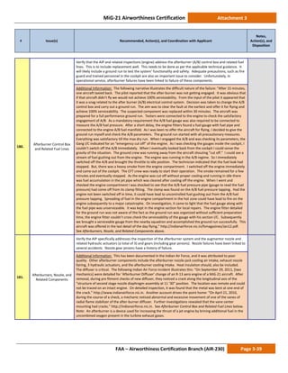 MiG-21 Airworthiness Certification Attachment 3
# Issue(s) Recommended, Action(s), and Coordination with Applicant
Notes,
Action(s), and
Disposition
FAA – Airworthiness Certification Branch (AIR-230) Page 3-39
180.
Afterburner Control Box
and Related Fuel Lines
Verify that the AIP and related inspections (engine) address the afterburner (A/B) control box and related fuel
lines. This is to include replacement well. This needs to be done as per the applicable technical guidance. It
will likely include a ground run to test the system’ functionality and safety. Adequate precautions, such as fire
guard and trained personnel in the cockpit are also an important issue to consider. Unfortunately, in
operational service, afterburner failures have been linked to failure of these components.
Additional Information: The following narrative illustrates the difficult nature of the failure: “After 15 minutes,
one aircraft taxied back. The pilot reported that the after-burner was not getting engaged. It was obvious that
if that aircraft didn’t fly we would not achieve 100% serviceability. From the input of the pilot it appeared that
it was a snag related to the after burner (A/B) electrical control system. Decision was taken to change the A/B
control box and carry out a ground run. The aim was to clear the fault at the earliest and offer it for flying and
achieve 100% serviceability. The suspected component was replaced within 30 minutes. The aircraft was
prepared for a full performance ground run. Testers were connected to the engine to check the satisfactory
engagement of A/B. As a mandatory requirement the A/B fuel gauge was also required to be connected to
measure the A/B fuel pressure. After a short delay, the engine fitters found a fuel gauge with fuel pipe and
connected to the engine A/B fuel manifold. As I was keen to offer the aircraft for flying, I decided to give the
ground run myself and check the A/B parameters. The ground run started with all precautionary measures.
Everything was satisfactory till the max dry run. When I engaged the A/B and was checking its parameters, the
Gang I/C indicated for an “emergency cut off” of the engine. As I was checking the gauges inside the cockpit, I
couldn’t switch off the A/B immediately. When I eventually looked back from the cockpit I could sense the
gravity of the situation. The ground crew was running away from the aircraft shouting “cut off.” I could see a
stream of fuel gushing out from the engine. The engine was running in the A/B regime. So I immediately
switched off the A/B and brought the throttle to idle position. The technician indicated that the fuel leak had
stopped. But, there was a heavy smoke from the engine compartment. I switched off the engine immediately
and came out of the cockpit. The CFT crew was ready to start their operation. The smoke remained for a few
minutes and eventually stopped. As the engine was cut off without proper cooling and running in idle there
was fuel accumulation in the jet pipe which was cleared after cooling off the engine. When I went and
checked the engine compartment I was shocked to see that the A/B fuel pressure pipe (gauge to read the fuel
pressure) had come off from its clamp fitting. The clamp was found on the A/B fuel pressure tapping. Had the
engine not been switched off in time, it could have lead to uncontrolled fuel gushing out from the A/B fuel
pressure tapping. Spreading of fuel in the engine compartment in the hot zone could have lead to fire on the
engine subsequently to a major catastrophe. On investigation, it came to light that the fuel gauge along with
the fuel pipe was unserviceable. It was kept in the engine section for local repairs. The engine fitter detailed
for the ground run was not aware of the fact as the ground run was organized without sufficient preparation
time, the engine fitter couldn’t cross check the serviceability of the gauge with his section I/C. Subsequently
we brought a serviceable gauge from the nearby squadron and accomplished the ground run successfully. This
aircraft was offered in the last detail of the day flying.” http://indianairforce.nic.in/fsmagazines/Jan12.pdf.
See Afterburners, Nozzle, and Related Components above.
181.
Afterburners, Nozzle, and
Related Components
Verify the AIP specifically addresses the inspection of the afterburner system and the augmentor nozzle and
related hydraulic actuators (a total of 3) and gears (including gear pinions). Nozzle failures have been linked to
several accidents. Nozzle gear pinions have a history of failure.
Additional Information: This has been documented in the Indian Air Force, and it was attributed to poor
quality. Other afterburner components include the afterburner nozzle-jack cooling air intake, exhaust nozzle
fairing, 3 hydraulic actuators, and the afterburner cooling intake. Heat insulation should, also be included.
The diffuser is critical. The following Indian Air Force incident illustrates this: “On September 29, 2011, [two
mechanics] were detailed for ‘Afterburner Diffuser’ change of an R-13 aero engine of a MiG-21 aircraft. After
removal, during pre fitment checks of new diffuser, they noticed a crack along the longitudinal axis of the
“structure of second stage nozzle diaphragm assembly at 11 ‘30” position. The location was remote and could
not be traced on an intact engine. On detailed inspection, it was found that the metal was bent at one end of
the crack.” http://www.indianairforce.nic.in. Another account drives the point home: “On April 21, 2010,
during the course of a check, a mechanic noticed abnormal and excessive movement of one of the vanes of
radial flame stabilizer of the after-burner diffuser. Further investigations revealed that the vane center
mounting had cracks.” http://indianairforce.nic.in. See Afterburner Control Box and Related Fuel Lines below.
Note: An afterburner is a device used for increasing the thrust of a jet engine by brining additional fuel in the
uncombined oxygen present in the turbine exhaust gases.
 