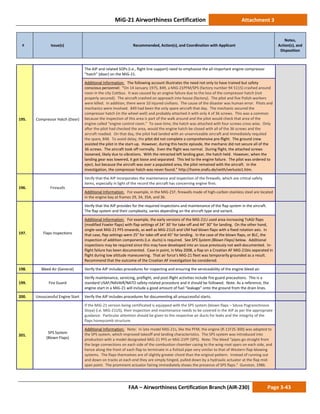 MiG-21 Airworthiness Certification Attachment 3
# Issue(s) Recommended, Action(s), and Coordination with Applicant
Notes,
Action(s), and
Disposition
FAA – Airworthiness Certification Branch (AIR-230) Page 3-43
195. Compressor Hatch (Door)
The AIP and related SOPs (i.e., flight line support) need to emphasize the all-important engine compressor
“hatch” (door) on the MiG-21.
Additional Information: The following account illustrates the need not only to have trained but safety
conscious personnel: “On 14 January 1975, 849, a MiG-21PFM/SPS (factory number 94 5115) crashed around
noon in the city Cottbus. It was caused by an engine failure due to the loss of the compressor hatch (not
properly secured). The aircraft crashed on approach into house (factory). The pilot and five Polish workers
were killed. In addition, there were 10 injured civilians. The cause of the disaster was human error. Pilots and
mechanics were involved. 849 had been the only spare aircraft that day. The mechanic secured the
compressor hatch (in the wheel well) and probably attached it with only 4 of 36 screws. This was a common
because the inspection of this area is part of the walk around and the pilot would check that area of the
engine called “engine control room.” To save time, the hatch was attached with four screws cross wise. Only
after the pilot had checked the area, would the engine hatch be closed with all of the 36 screws and the
aircraft readied. On that day, the pilot had landed with an unserviceable aircraft and immediately requited
the spare, 848. To avoid delay, the pilot did not complete a comprehensive pre-flight. The ground crew
assisted the pilot in the start-up. However, during this hectic episode, the mechanic did not secure all of the
36 screws. The aircraft took off normally. Even the flight was normal. During flight, the attached screws
loosened, likely due to vibrations. With the retracted left landing gear, the hatch held. However, when the
landing gear was lowered, it got loose and separated. This led to the engine failure. The pilot was ordered to
eject, but because the aircraft was over a populated area, the pilot remained with the aircraft. In the
investigation, the compressor hatch was never found.” http://home.snafu.de/veith/verluste1.htm.
196. Firewalls
Verify that the AIP incorporates the maintenance and inspection of the firewalls, which are critical safety
items, especially in light of the record the aircraft has concerning engine fires.
Additional Information: For example, in the MiG-21F, firewalls made of high-carbon stainless steel are located
in the engine bay at frames 29, 34, 35A, and 36.
197. Flaps Inspections
Verify that the AIP provides for the required inspections and maintenance of the flap system in the aircraft.
The flap system and their complexity, varies depending on the aircraft type and variant.
Additional Information: For example, the early versions of the MiG-21U used area-increasing TsAGI flaps
(modified Fowler flaps) with flap settings of 24° 30’ for take-off and 44° 30” for landing. On the other hand,
single-seat MiG-21 PFS onwards, as well as MiG-21US and UM had blown flaps with a fixed rotation axis. In
that case, flap settings were 25° for take-off and 45° for landing. In the case of the blown flaps, or BLC, the
inspection of addition components (i.e. ducts) is required. See SPS System (Blown Flaps) below. Additional
inspections may be required since this may have developed into an issue previously not well-documented. In-
flight failure has been documented. Case in point, in May 2008, a flap on a Croatian AF MiG-21bis separated in
flight during low altitude maneuvering. That air force’s MiG-21 fleet was temporarily grounded as a result.
Recommend that the outcome of the Croatian AF investigation be considered.
198. Bleed Air (General) Verify the AIP includes procedures for inspecting and ensuring the serviceability of the engine bleed air.
199. Fire Guard
Verify maintenance, servicing, preflight, and post-flight activities include fire guard precautions. This is a
standard USAF/NAVAIR/NATO safety-related procedure and it should be followed. Note: As a reference, the
engine start in a MiG-21 will include a good amount of fuel “leakage” onto the ground from the drain lines.
200. Unsuccessful Engine Start Verify the AIP includes procedures for documenting all unsuccessful starts.
201.
SPS System
(Blown Flaps)
If the MiG-21 version being certificated is equipped with the SPS system (blown flaps – Sduva Pogranichnovo
Sloya) (i.e. MiG-21US), their inspection and maintenance needs to be covered in the AIP as per the appropriate
guidance. Particular attention should be given to the respective air ducts for leaks and the integrity of the
flaps honeycomb structure.
Additional Information: Note: In late model MiG-21s, like the PFM, the engine (R-11F2S-300) was adapted to
the SPS system, which improved takeoff and landing characteristics. The SPS system was introduced into
production with a model designated MiG-21 PFS or MiG-21PF (SPS). Note: The bleed “pipes go straight from
the large connections on each side of the combustion chamber casing to the wing-root spars on each side, and
hence along the front of each flap to terminate in a fishtail pipe very similar to that of Western flap-blowing
systems. The flaps themselves are of slightly greater chord than the original pattern. Instead of running out
and down on tracks at each end they are simply hinged, pulled down by a hydraulic actuator at the flap mid-
span point. The prominent actuator fairing immediately shows the presence of SPS flaps.” Gunston, 1986.
 