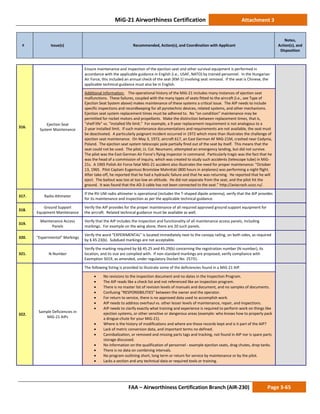 MiG-21 Airworthiness Certification Attachment 3
# Issue(s) Recommended, Action(s), and Coordination with Applicant
Notes,
Action(s), and
Disposition
FAA – Airworthiness Certification Branch (AIR-230) Page 3-65
316.
Ejection Seat
System Maintenance
Ensure maintenance and inspection of the ejection seat and other survival equipment is performed in
accordance with the applicable guidance in English (i.e., USAF, NATO) by trained personnel. In the Hungarian
Air Force, this included an annual check of the seat (KM-1) involving seat removal. If the seat is Chinese, the
applicable technical guidance must also be in English.
Additional Information: The operational history of the MiG-21 includes many instances of ejection seat
malfunctions. These failures, coupled with the many types of seats fitted to the aircraft (i.e., see Type of
Ejection Seat System above) makes maintenance of these systems a critical issue. The AIP needs to include
specific inspections and recordkeeping for all pyrotechnic devices, related systems, and other mechanisms.
Ejection seat system replacement times must be adhered to. No “on condition” maintenance may be
permitted for rocket motors and propellants. Make the distinction between replacement times, that is,
“shelf life” vs. “installed life limit.” For example, a 9-year replacement requirement is not analogous to a
2-year installed limit. If such maintenance documentations and requirements are not available, the seat must
be deactivated. A particularly poignant incident occurred in 1972 which more than illustrates the challenge of
ejection seat maintenance. On May 3, 1972, aircraft 617, an East German AF MiG-21M, crashed near Cedynia,
Poland. The ejection seat system telescopic pole partially fired out of the seat by itself. This means that the
seat could not be used. The pilot, Lt. Col. Neumann, attempted an emergency landing, but did not survive.
The pilot was the East German Air Force’s flying inspector in command. Particularly tragic was the fact that he
was the head of a commission of inquiry, which was created to study such accidents (telescope tube) in MiG-
21s. A 1965 Polish Air Force fatal MiG-21 accident also illustrates the need for proper maintenance: “October
13, 1965. Pilot Captain Eugeniusz Bronislaw Mahnitski (800 hours in airplanes) was performing a night flight.
After take-off, he reported that he had a hydraulic failure and that he was returning. He reported that he will
eject. The bailout was too at too low an altitude. He did not separate from the seat, and the pilot hit the
ground. It was found that the AD-3 cable has not been connected to the seat.” http://aviacrash.ucoz.ru/.
317. Radio Altimeter
If the RV-UM radio altimeter is operational (includes the T-shaped dipole antenna), verify that the AIP provides
for its maintenance and inspection as per the applicable technical guidance.
318.
Ground Support
Equipment Maintenance
Verify the AIP provides for the proper maintenance of all required approved ground support equipment for
the aircraft. Related technical guidance must be available as well.
319.
Maintenance Access
Panels
Verify that the AIP includes the inspection and functionality of all maintenance access panels, including
markings. For example on the wing alone, there are 20 such panels.
320. “Experimental” Markings
Verify the word “EXPERIMENTAL” is located immediately next to the canopy railing, on both sides, as required
by § 45.23(b). Subdued markings are not acceptable.
321. N-Number
Verify the marking required by §§ 45.25 and 45.29(b) concerning the registration number (N-number), its
location, and its size are complied with. If non-standard markings are proposed, verify compliance with
Exemption 5019, as amended, under regulatory Docket No. 25731.
322.
Sample Deficiencies in
MiG-21 AIPs
The following listing is provided to illustrate some of the deficiencies found in a MiG-21 AIP.
• No revisions to the inspection document and no dates in the Inspection Program.
• The AIP reads like a check list and not referenced like an inspection program.
• There is no master list of revision levels of manuals and document, and no samples of documents.
• Confusing “RESPONSIBILITIES” between the owner and the operator.
• For return to service, there is no approved data used to accomplish work.
• AIP needs to address overhaul vs. other lesser levels of maintenance, repair, and inspections.
• AIP needs to clarify exactly what training and experience is required to perform work on things like
ejection systems, or other sensitive or dangerous areas (example: who knows how to properly pack
a drogue-chute for your MiG-21).
• Where is the history of modifications and where are those records kept and is it part of the AIP?
• Lack of metric conversion data, and important terms no defined.
• Cannibalization, or removed and missing parts tags and tracking, not found in AIP nor is spare parts
storage discussed.
• No information on the qualification of personnel - example ejection seats, drag chutes, drop tanks.
• There is no data on combining intervals.
• No program outlining short, long term or return for service by maintenance or by the pilot.
• Lacks a section and any technical data or required tools or training.
 