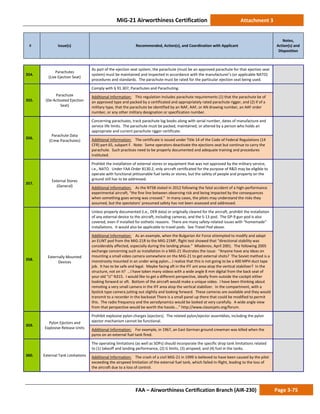 MiG-21 Airworthiness Certification Attachment 3
# Issue(s) Recommended, Action(s), and Coordination with Applicant
Notes,
Action(s) and
Disposition
FAA – Airworthiness Certification Branch (AIR-230) Page 3-75
354.
Parachutes
(Live Ejection Seat)
As part of the ejection seat system, the parachute (must be an approved parachute for that ejection seat
system) must be maintained and inspected in accordance with the manufacturer’s (or applicable NATO)
procedures and standards. The parachute must be rated for the particular ejection seat being used.
355.
Parachute
(De-Activated Ejection
Seat)
Comply with § 91.307, Parachutes and Parachuting.
Additional Information: This regulation includes parachute requirements (1) that the parachute be of
an approved type and packed by a certificated and appropriately rated parachute rigger, and (2) if of a
military type, that the parachute be identified by an NAF, AAF, or AN drawing number, an AAF order
number, or any other military designation or specification number.
356.
Parachute Data
(Crew Parachutes)
Concerning parachutes, track parachute log books along with serial number, dates of manufacture and
service life limits. The parachute must be packed, maintained, or altered by a person who holds an
appropriate and current parachute rigger certificate.
Additional Information: The certificate is issued under Title 14 of the Code of Federal Regulations (14
CFR) part 65, subpart F. Note: Some operators deactivate the ejections seat but continue to carry the
parachute. Such practices need to be properly documented and adequate training and procedures
instituted.
357.
External Stores
(General)
Prohibit the installation of external stores or equipment that was not approved by the military service,
i.e., NATO. Under FAA Order 8130.2, only aircraft certificated for the purpose of R&D may be eligible to
operate with functional jettisonable fuel tanks or stores, but the safety of people and property on the
ground still has to be addressed.
Additional Information: As the NTSB stated in 2012 following the fatal accident of a high-performance
experimental aircraft, “the fine line between observing risk and being impacted by the consequences
when something goes wrong was crossed.” In many cases, the pilots may understand the risks they
assumed, but the spectators’ presumed safety has not been assessed and addressed.
358.
Externally Mounted
Devices
Unless properly documented (i.e., DER data) or originally cleared for the aircraft, prohibit the installation
of any external device to the aircraft, including cameras, and the S-13 pod. The GP-9 gun pod is also
covered, even if installed for esthetic reasons. There are many safety-related issues with “homemade”
installations. It would also be applicable to travel pods. See Travel Pod above.
Additional Information: As an example, when the Bulgarian Air Force attempted to modify and adapt
an ELINT pod from the MiG-21R to the MiG-21MF, flight test showed that “directional stability was
considerably affected, especially during the landing phase.” Mladenov, April 2001. The following 2005
exchange concerning such as installation in a MiG-21 illustrates the issue: “Anyone have any ideas on
mounting a small video camera somewhere on the MiG-21 to get external shots? The Soviet method is a
monstrosity mounted in an under wing pylon….I realize that this is not going to be a 400 MPH duct tape
job. It has to be safe and legal. Maybe facing aft in the IFF ant area atop the vertical stabilizer? In the
structure, not on it? …I have taken many videos with a wide angle 8 mm digital from the back seat of
your old "U" N315. I would like to get a different perspective, ideally from outside the cockpit either
looking forward or aft. Bottom of the aircraft would make a unique video. I have been thinking about
remoting a very small camera in the IFF area atop the vertical stabilizer. In the compartment, with a
lipstick type camera jutting out slightly and looking forward. These cameras are available and they would
transmit to a recorder in the backseat There is a small panel up there that could be modified to permit
this. The radio frequency and the aerodynamics would be looked at very carefully. A wide angle view
from that perspective would be worth the hassle….” http://www.classicjets.org/forum.
359.
Pylon Ejectors and
Explosive Release Units
Prohibit explosive pylon charges (ejectors). The related pylon/ejector assemblies, including the pylon
ejector mechanism cannot be functional.
Additional Information: For example, in 1967, an East German ground crewman was killed when the
pyros on an external fuel tank fired.
360. External Tank Limitations
The operating limitations (as well as SOPs) should incorporate the specific drop tank limitations related
to (1) takeoff and landing performance, (2) G limits, (3) airspeed, and (4) fuel in the tanks.
Additional Information: The crash of a civil MiG-21 in 1999 is believed to have been caused by the pilot
exceeding the airspeed limitation of the external fuel tank, which failed in-flight, leading to the loss of
the aircraft due to a loss of control.
 