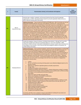 MiG-21 Airworthiness Certification Attachment 3
# Issue(s) Recommended, Action(s), and Coordination with Applicant
Notes,
Action(s) and
Disposition
FAA – Airworthiness Certification Branch (AIR-230) Page 3-76
361.
MiG-21
External Fuel Tanks
Verify the type, condition, installation, and removal of external fuel tanks meet the applicable
requirements, i.e., NATO. Only external tanks cleared for use by the applicable military service (i.e.,
NATO, Indian AF) may be used on the aircraft.
Additional Information: These include the PTB-490 and PTB-800 tanks. MiG-21 fuel tanks vary, but two
typical tanks include the 490 liter drop tanks and the 800 liter centerline tank. External fuel tank
installation is not a simple task nor should they be “homemade” proven by a simple flight test. Drop tank
clearance relies on elaborate engineering and flight test processes that can be compared to a simple
flight to show that they hold in Phase I. There are serious issues with air loads, fittings, G limitations,
flutter, limitations on the amount that can be used, take-off, and landing performance, W&B issues, and
fuel sloshing, and so on. The AIP needs to address their inspection and maintenance. There should not
be any means of jettisoning these tanks while on the ground or in flight. The safety issues with these
systems is not covered by § 91.15 Dropping objects. There is a distinction between removable and
jettisonable tank. A MiG-21 operator in the US explains that “we have removable drop tanks on
our…MiG-21… We sometimes fly to airshows with the tanks on, remove the tanks for the show, and
then put them back on for the flight home. Removable vs. droppable.” http://eaaforums.org. Finally,
there should not be any modifications to the drop tanks except when to prevent jettisoning. Note: The
drop tanks would typically have data plates.
362. Dropping Ordnance
Prohibit the dropping or release of ordnance, including training ordnance. Although Part 91 and FAA
Order 8130.2 provide some references to dropping objects (i.e., 91.15 and “droppable” in R&D
certificates in 8130.2), the fact is that neither contemplated (1) ordnance release, and (2) considered the
many dangers of such activities. Part 91 and the Order were designed to address civil purposes, not
combat testing, and training.
Additional Information: From a practical standpoint, under 91.319 and related guidance, including SMS,
the issue is one of (1) identifying the risks, and (2) mitigating them within the valid civil purposes. In
some cases, some risks cannot be mitigated, and that needs to be recognized. It is inadequate to
consider issuing a civil airworthiness certificate to permit ordinance and other loads to be releasable (as
a matter of fact, that is “drop whatever you want as you wish…”) solely based on (1) a review of 91.15
and 8130.2 guidance, (2) and the claim that the “aircraft used to do that in the military…” argument.
There is much more to such activities. To illustrate the dangers of such activities, the following listing
provides some, but not all, of the issues/dangers/risks that have to be addresses or mitigated (not
necessarily in a priority order):
1. Liability;
2. 49 U.S.C. § 47107(a) concerning restricting airport access (federally-obligated airport) on the
grounds of safety;
3. Adherence to a significant applicable guidance and safety requirements;
4. Storage safety;
5. Handling and installation safety (procedures);
6. Handling and installation (personal training, i.e., Aviation Ordnanceman rating); For example,
personnel directly involved in ordnance handling must be qualified and/or certified according
to the Navy's current qualification/certification programs;
7. Ramp safety;
8. Safety of any signal cartridge and fuzing safety;
9. Safety or any propellants, and HAZMAT considerations;
10. Mechanical v. pyrotechnical release;
11. Only service (i.e., cleared ordnance, configurations, and parameters);
12. Weapon (system) specific separation testing and associated limitations to address air loads,
fittings, G limitations, flutter, limitations on the amount that can be used, take-off, and
landing performance, W&B issues.
13. Impact on aircraft’s structure;
14. Impact on aircrafts’ electrical system;
15. Safety of people and property on the ground;
16. Flight route safety and ATC coordination;
17. Safe altitudes, and range safety;
18. Emergency and inadvertent release;
In summary, the FAA is not in a position to assume responsibility for handling the issues above and
incorporate them in the civil airworthiness certification process.
 