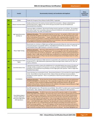 MiG-21 Airworthiness Certification Attachment 3
# Issue(s) Recommended, Action(s), and Coordination with Applicant
Notes,
Action(s) and
Disposition
FAA – Airworthiness Certification Branch (AIR-230) Page 3-77
363. (ESRH) Disable the Emergency Stores Release Handle (ESRH), if applicable.
364. Master Armament Switch
Disable and disconnect the master armament switch from any system. Weapon-related buttons
(bomb/rocket button, trigger) on the control stick grip and panels must also be disabled and
disconnected from all systems.
365.
High-Speed Restrictions
and Max ‘q’
Supersonic flight is prohibited. Recommend limiting transonic operations to 0.9 Mach. This provides a
good safety margin [such as avoiding q (dynamic pressure) limitations], and could be addressed in the
operating limitations, the AFM, and related SOPs.
Additional Information: This is particularly important at low level. For example, at MiG-21 pilot noted
that “at low level, the speed of the MiG-21F-13 was limited to Mach .98. We would experience severe
buffet if attempting to fly any faster…” Cooper, Arab MiGs, 2011. Aerodynamically, in the MiG-21, q or
dynamic pressure is restricted to a maximum indicated airspeed of 595 knots below 16,000 feet. At this
point, excessive buffeting and structural problems are encountered. Also, even skilled pilots find the
aircraft difficult to maneuver at speeds above 510- knots.
366. Phase I Flight Testing
Recommend, at a minimum, all flight tests and flight test protocol(s) follow the intent and scope (and not
necessarily duration) of acceptable USAF/U.S. Navy/NATO functionality test procedures. The aircraft
needs detailed Phase I flight testing for a minimum of 10 hours.
Additional Information: Returning a high-performance aircraft to flight status after restoration cannot
be accomplished by a few hours of “flying around.” It is not analogous to the 2 FCFs performed after a
main overhaul when the aircraft was operational. Safe operations also require a demonstrated level of
reliability. Note: In 1986, when the first MiGs were considered for an airworthiness certificate, the FAA
required not only 15 hours in Phase I but also that the testing be done at the Mojave Airport for safety
reasons. Entrekin, 2012.
367.
Post-Maintenance Check
Flights
Recommend post-maintenance flight checks be incorporated in the maintenance and operation of the
aircraft and TO 1-1-300, Maintenance Operational Checks and Flight Checks, dated June 15, 2012, be
used as a reference.
368. Controlled Bailout Area
If operational procedures require the establishment of a controlled bailout area, ensure it (1) does not
endanger people or property on the ground in any way, (2) follows established USAF/NAVAIR/NATO
procedures, and (3) addresses the possibility of erratic flight paths after ejections. Refer to Flight Over
Populated Areas above.
369. G Limitations
Ensure that there are conservative G limits. Recommend limiting to +3 Gs and half of its original negative
G limit. Not all MiG-21s have the same G limits. Many of these aircraft have structural problems
dictating this prudent approach. There is no justification to take the aircraft anywhere near its original
limitations.
Additional Information: The fact that the aircraft could be G loaded does not mean such performance
should be attempted or is inherently safe. This is especially true given the aircraft’s age and historical
use. Maximum G limits should be established below design specifications based on the age and
condition of the airframe. Particular attention to the condition of the wings is required because in-flight
breakups with the original wings have occurred recently.
370.
Visual Meteorological
Condition (VMC) and
Instrument Flight Rules
(IFR) Operations
Day VMC operations only. IFR operations are prohibited. Many MiG-21 accidents were caused by spatial
disorientation. Note: Stability, instrumentation, and lighting are inadequate for IMC operations.
Additional Information: The MiG-21 was not an easy aircraft to operate at night or in low visibility.
Known icing needs to be prohibited. One of the main issues is the unnatural representations by several of
the cockpit instruments, notably the AI. See Early Attitude Indicators (AI) and Cockpit Familiarization
below. Unless a high-level of proficiency and currency in the aircraft in instrument conditions and at
night, it is unsafe to permit such operations. In fact, at the height of the Vietnam War in December of
1972, of the 185 qualified MiG-21 pilots, only 34 were night qualified following training in the Soviet
Union. A 1975 MiG-21MF report noted that “the [Soviets] seem strictly to avoid flying on instruments
although the MiG-21 has a full blind-flying panel with attitude and heading instruments driven by a
remote central gyro platform. This was non-toppling in roll but locked and reset slowly at the top of a
loop, producing briefly misleading or inadequate information. Loss of control and disorientation at this
stage, sometimes resulting in the loss of the aircraft, were not unknown.” ttp://www.flightglobal.com.
 