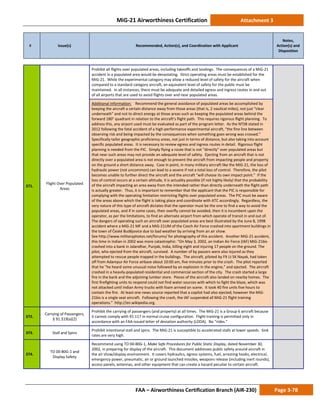 MiG-21 Airworthiness Certification Attachment 3
# Issue(s) Recommended, Action(s), and Coordination with Applicant
Notes,
Action(s) and
Disposition
FAA – Airworthiness Certification Branch (AIR-230) Page 3-78
371.
Flight Over Populated
Areas
Prohibit all flights over populated areas, including takeoffs and landings. The consequences of a MiG-21
accident in a populated area would be devastating. Strict operating areas must be established for the
MiG-21. While the experimental category may allow a reduced level of safety for the aircraft when
compared to a standard category aircraft, an equivalent level of safety for the public must be
maintained. In all instances, there must be adequate and detailed egress and ingress routes in and out
of all airports that are used to avoid flights over and near populated areas.
Additional Information: Recommend the general avoidance of populated areas be accomplished by
keeping the aircraft a certain distance away from those areas (that is, 2 nautical miles), not just “clear
underneath” and not to direct energy at those areas such as keeping the populated areas behind the
forward 180° quadrant in relation to the aircraft’s flight path. This requires rigorous flight planning. To
address this, any airport used must be evaluated as part of the program letter. As the NTSB stated in
2012 following the fatal accident of a high-performance experimental aircraft, “the fine line between
observing risk and being impacted by the consequences when something goes wrong was crossed.”
Specifically tailor geographic proficiency areas, not just in terms of distance, but also taking into account
specific populated areas. It is necessary to review egress and ingress routes in detail. Rigorous flight
planning is needed from the PIC. Simply flying a route that is not “directly” over populated areas but
that near such areas may not provide an adequate level of safety. Ejecting from an aircraft that is not
directly over a populated area is not enough to prevent the aircraft from impacting people and property
on the ground a short distance away. Case in point, in many military aircraft like the MiG-21, the loss of
hydraulic power (not uncommon) can lead to a severe if not a total loss of control. Therefore, the pilot
becomes unable to further direct the aircraft and the aircraft “will choose its own impact point.” If the
loss of control occurs at a certain altitude, it is actuality possible (if not highly likely) that the probability
of the aircraft impacting an area away from the intended rather than directly underneath the flight path
is actually greater. Thus, it is important to remember that the applicant that the PIC is responsible for
complying with the operating limitation restricting flights over populated areas. The PIC must be aware
of the areas above which the flight is taking place and coordinate with ATC accordingly. Regardless, the
very nature of this type of aircraft dictates that the operator must be the one to find a way to avoid the
populated areas, and if in some cases, their overfly cannot be avoided, then it is incumbent upon the
operator, as per the limitations, to find an alternate airport from which operate of transit in and out of.
The dangers of operating such an aircraft over populated areas are best illustrated by the June 8, 1998
accident where a MiG-21 MF and a MiG-21UM of the Czech Air Force crashed into apartment buildings in
the town of České Budějovice due to bad weather by arriving from an air show.
See http://www.militaryphotos.net/forums/ for photography of this accident. Another MiG-21 accident,
this time in Indian in 2002 was more catastrophic: “On May 3, 2002, an Indian Air Force (IAF) MiG-21bis
crashed into a bank in Jalandhar, Punjab, India, killing eight and injuring 17 people on the ground. The
pilot, who ejected from the aircraft, survived. A number of by passers were also injured as they
attempted to rescue people trapped in the buildings. The aircraft, piloted by Flt Lt SK Nayak, had taken
off from Adampur Air Force airbase about 10:00 am, five minutes prior to the crash. The pilot reported
that he "he heard some unusual noise followed by an explosion in the engine,” and ejected. The aircraft
crashed in a heavily-populated residential and commercial section of the city. The crash started a large
fire in the bank and the adjoining lumber store. Pieces of the aircraft also landed on nearby homes. The
first firefighting units to respond could not find water sources with which to fight the blaze, which was
not attacked until Indian Army trucks with foam arrived on scene. It took 40 fire units five hours to
contain the fire. At least one news source reported that a copilot had also ejected, however the MiG-
21bis is a single seat aircraft. Following the crash, the IAF suspended all MiG-21 flight training
operations.” http://en.wikipedia.org.
372.
Carrying of Passengers,
§ 91.319(a)(2)
Prohibit the carrying of passengers (and property) at all times. The MiG-21 is a Group 6 aircraft because
it cannot comply with 91.117 in normal cruise configuration. Flight training is permitted only in
accordance with an FAA-issued letter of deviation authority (LODA). No “rides.”
373. Stall and Spins
Prohibit intentional stall and spins. The MiG-21 is susceptible to accelerated stalls at lower speeds. Sink
rates are very high.
374.
TO 00-80G-1 and
Display Safety
Recommend using TO 00-80G-1, Make Safe Procedures for Public Static Display, dated November 30,
2002, in preparing for display of the aircraft. This document addresses public safety around aircraft in
the air show/display environment. It covers hydraulics, egress systems, fuel, arresting hooks, electrical,
emergency power, pneumatic, air or ground launched missiles, weapons release (including inert rounds),
access panels, antennas, and other equipment that can create a hazard peculiar to certain aircraft.
 