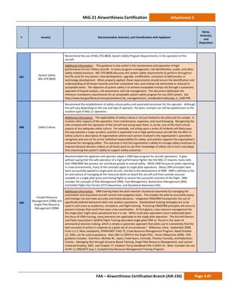 MiG-21 Airworthiness Certification Attachment 3
# Issue(s) Recommended, Action(s), and Coordination with Applicant
Notes,
Action(s),
and
Disposition
FAA – Airworthiness Certification Branch (AIR-230) Page 3-87
407.
System Safety
MIL-STD-882B
Recommend the use of MIL-STD-882B, System Safety Program Requirements, in the operation of the
aircraft.
Additional Information: This guidance is also useful in the maintenance and operation of high-
performance former military aircraft. It covers program management, risk identification, audits, and other
safety-related practices. MIL-STD-882B discusses the system safety requirements to perform throughout
the life cycle for any system, new development, upgrade, modification, resolution of deficiencies, or
technology development. When properly applied, these requirements should ensure the identification and
understanding of all known hazards and their associated risks; and mishap risk eliminated or reduced to
acceptable levels. The objective of system safety is to achieve acceptable mishap risk through a systematic
approach of hazard analysis, risk assessment, and risk management. This document delineates the
minimum mandatory requirements for an acceptable system safety program for any DOD system. See
http://www.faa.gov/library/manuals/aviation/risk_management/ss_handbook/media/app_h_1200.PDF.
408. Safety Culture
Recommend the establishment of safety culture policy and associated processes for the operator. Although
this will vary depending on the size and type of operator, the basic concepts can still be applied even to the
smallest type of MiG-21 operation.
Additional Information: The applicability of safety culture is not just limited to the pilot and the cockpit. It
involves other aspects of the operation, from maintenance, expenses, and record keeping. Recognizing the
risks involved with the operation of the aircraft and acting upon them, is, by far, one of the most critical
aspects of any adequate safety culture. For example, not acting upon a series of incidents will likely pave
the way towards a major accident, and this is especially true in high-performance aircraft like the MiG-21.
Safety culture is descriptive of organizations where each person involved in the organization’s operations
recognizes and acts on his or her individual responsibility for safety, and actively supports the organization’s
processes for managing safety. The outcome is that the organization’s ability to manage safety continues to
improve because decision makers at all levels work to use their knowledge of safety risk to learn and adapt,
thus improving the system’s ability to support safety outcomes.
409.
Cockpit Resource
Management (CRM) and
Single-Pilot Resource
Management (SRM)
Recommended the applicant and operator adopt a CRM-type program for aircraft operations. It goes
without saying that the safe operation of a high-performance fighter like the MiG-21 requires many skills
that CRM/SRM-like process can contribute greatly to overall safety. While CRM focuses on pilots operating
in crew environments, many of the concepts apply to single-pilot operations. Many CRM principles have
been successfully applied to single-pilot aircraft, and led to the development of SRM. SRM is defined as the
art and science of managing all the resources (both on board the aircraft and from outside sources)
available to a single pilot (prior and during flight) to ensure the successful outcome of the flight. SRM
includes the concepts of Risk Management (RM), Task Management, Automation Management (AM),
Controlled Flight Into Terrain (CFIT) Awareness, and Situational Awareness (SA).
Additional Information: SRM training helps the pilot maintain situational awareness by managing the
automation and associated aircraft control and navigation tasks. This enables the pilot to accurately assess
and manage risk and make accurate and timely decisions. Integrated CRM/SRM incorporates the use of
specifically defined behavioral skills into aviation operations. Standardized training strategies are to be
used in such areas as academics, simulators, and flight training. Practicing CRM/SRM principles will serve to
prevent mishaps that result from poor crew coordination. At first glance, crew resource management for
the single pilot might seem paradoxical but it is not. While multi-pilot operations have traditionally been
the focus of CRM training, many elements are applicable to the single pilot operation. The Aircraft Owners
and Pilots Association’s (AOPA) Flight Training described single-pilot CRM as “found in the realm of
aeronautical decision making, which is simply a systematic approach that pilots use to consistently find the
best course(s) of action in response to a given set of circumstances.” Wilkerson, Dave. September 2008.
From a U.S. Navy standpoint, OPNAVINST 1542.7C, Crew Resource Management Program, dated October
12, 2001, can be used as guidance. Also refer to CRM For the Single Pilot. Vector (May/June 2008). FAA
guidance includes: Summers, Michele M., Ayers, Frank Ayers, Connolly, Thomas Connolly, and Robertson,
Charles. Managing Risk through Scenario Based Training, Single Pilot Resource Management, and Learner
Centered Grading, 2007, and Chapter 17, Airplane Flying Handbook FAA-H-8083-3A. Note: Consider the use
of AFI 11-290/AETC Sup 1, Cockpit/Crew Resource Management Training Program.
 