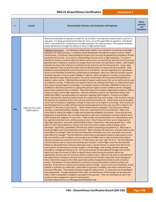 MiG-21 Airworthiness Certification Attachment 3
# Issue(s) Recommended, Action(s), and Coordination with Applicant
Notes,
Action(s),
and
Disposition
FAA – Airworthiness Certification Branch (AIR-230) Page 3-88
410.
Indian Air Force (IAF)
LOSA Program
Recommend that MiG-21 operator consider the use of LOSA or Line Operations Safety Audits as part of its
operation. It is being promoted by the Indian Air Force, one of the largest MiG-21 operators in the World.
LOSA “is one method for monitoring normal flight operations for safety purposes. This program facilitates
hazard identification through the analysis of actual in-flight performances.
Additional Information: Line Operations Safety Audits (LOSA) is one method for monitoring normal flight
operations for safety purposes. It facilitates hazard identification through the analysis of actual in-flight
performances. It facilitates understanding the situation that may have precipitated the exceedence of flight
parameters by the crew. It is a tool for understanding of human errors in flight operations. It is used to
identify the threats to aviation safety that lead to human errors, to minimize the risks that such threats may
generate and to implement measures to manage these errors within the operational context. LOSA enables
operators to assess their resistance to operational risks and errors by front-line personnel. Using a data-
driven approach, they can prioritize these risks and identify actions to reduce the risk of accidents. LOSA
facilitates understanding both successful performance and failures. Hazards originating from operational
errors can be identified and effective countermeasures developed. Data from LOSA also provide a picture
of system operations that can guide strategies in regard to safety management, training, and operations.
Data collected through LOSA can provide a rich source of information for the proactive identification of
systemic safety hazards. LOSA identifies examples of superior performance that can be reinforced and used
as models for training. (Traditionally, the aviation industry has collected information on failed performance
and revised training programs accordingly.) For example, based on LOSA data, CRM/SRM training can be
modified to reflect best practices for coping with particular types of unsafe conditions and for managing
typical errors related to these conditions. ICAO (International Civil Aviation Organization) endorses LOSA as
a way to monitor normal flight operations. ICAO has published a manual, Line Operations Safety Audit
(LOSA) (Doc 9803), to provide guidance to operators regarding LOSA programs. During normal flights,
crews routinely face situations created outside the cockpit that they must manage. Such situations increase
the operational complexity of their task and pose some level of safety risk. These threats may be relatively
minor (such as frequency congestion), through to major (such as an engine fi re warning). Some threats can
be anticipated (such as a high workload situation during approach) and the crew may brief in advance, for
example, “In the event of a go-around...” Other threats may be unexpected. Since they occur without
warning, no advanced briefing is feasible. Errors are a normal part of all human behavior. Flight crew
errors tend to reduce the margin of safety and increase the probability of accidents. Errors may be minor
(setting the wrong altitude, but correcting it quickly) or major (not completing an essential checklist item).
LOSA employs five categories of crew errors. These include: (a) communication error, (b) proficiency error,
(c), operational decision error, and (d) procedural error. Since threats and errors are an integral part of
daily flight operations, systematic understanding of them is required for safely dealing with them. LOSA
offers an informed perspective on threats and errors from which suitable coping strategies can be
developed. Specifically, quantifiable LOSA data are useful in answering such questions as: What type of
threats do flight crews most frequently encounter? When and where do they occur, and what types are the
most difficult to manage? What are the most frequently committed crew errors, and which ones are the
most difficult to manage? The most effective countermeasures go beyond trying to simply prevent errors.
We must identify unsafe conditions early enough to permit flight crews to take corrective action before
adverse consequences result from the error. In other words, we must “trap” the error. The most effective
countermeasures seek to improve the everyday work situation in which flight crews face the inevitable
threats to safe performance measures which give crews a “second chance” to recover from their errors.
Such systemic countermeasures include changes in aircraft design, crew training, standard operating
procedures, management decisions, etc. We have to evaluate the data obtained through commitment
exists to act upon the lessons of LOSA, to identify those hazards posing the greatest risks to the
organization and then take the necessary actions to address them. LOSA can only reach its full potential if
the organizational willingness and must have an assurance that the data output will not be used against
them. Data-driven programs like LOSA require data quality management procedures and consistency
checks. The database must be validated for consistency and accuracy before a statistical analysis can
proceed. As the data are collected and analyzed, patterns emerge. Certain errors occur frequently, certain
airfields or activities are problematic, certain SOPs are ignored or modified, and certain maneuvers pose
particular difficulties. These patterns become targets for enhancement. An action plan can be developed
and implemented. Through subsequent LOSA audits, the effectiveness of the changes can be measured.
After a LOSA is completed; a feedback is provided to the operators. Pilots are interested not only in the
results but also management’s plan for improvement.
See http://indianairforce.nic.in/fsmagazines/JAN%202013.pdf.
 