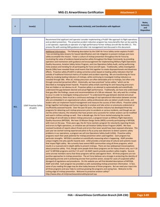 MiG-21 Airworthiness Certification Attachment 3
# Issue(s) Recommended, Action(s), and Coordination with Applicant
Notes,
Action(s),
and
Disposition
FAA – Airworthiness Certification Branch (AIR-230) Page 3-89
411.
USAF Proactive Safety
(ProSEF)
Recommend that applicant and operator consider implementing a ProSEF-like approach to flight operations
and accident prevention. This proactive accident reduction program has many benefits that can be sued by
a civil operator, especially an operator of a high-performance former military aircraft like the MiG-21. This
process fits with existing SMS guidance and other risk management tool discussed in this document.
Additional Information: The following description by the USAF Air Force Safety center explains ProSEF:
“Use correlating data streams for hazard identification and risk mitigation to prevent mishaps and more
safely accomplish the mission. Foster a culture of mishap prevention throughout the Air Force by
inculcating the value of evidence-based proactive safety throughout the Major Commands, by providing
operators and maintainers with guidance and encouragement for implementing Military Flight Operations
Quality Assurance, Aviation Safety Action Program, and Line Operations Safety Audit, and by performing
meta-analysis and trending for all participating Air Force aircraft types. Traditionally, safety investigation
boards (SIBs) have revealed those small events that link together to create disproportionate and disastrous
effects. Proactive safety (ProSEF) is taking corrective action based on leading safety indicators that fall
outside of traditional historical metrics of incident and accident reporting. We are transforming Air Force
safety by studying leading indicators of mishaps, while continuing to investigate trailing indicators as
revealed through SIBs. After all, mishap precursors are often detectable prior to mishaps, but often only
through concerted (proactive) effort. Historically, we have practiced "active safety," which can be
described as managing known hazards. Proactive safety entails searching for and measuring precursors
that are hidden or not obvious to all. Proactive safety is an attempt to systematically and scientifically
understand the gap between desired and actual flight performance. Traditionally, we have only understood
that gap after the findings, causes and recommendations of a SIB are released. But, why wait for a mishap
to occur in order to investigate mishap precursors? To understand the gap between desired and actual
flight performance, there must be a continuous exchange of real operational information between aircrew
who are embedded in an organizational culture, safety professionals who can detect unsafe trends, and
leaders who can implement hazard management and measure the success of their efforts. Proactive safety
brings together technology and human ingenuity to analyze and take action on previously undetected or
insufficiently assessed hazards. Over the past 50 years, the aviation industry has developed three key
programs for detecting such mishap precursors prior to accidents or serious incidents, and though we are
not the airline industry, the initiatives that have proven very successful for civilian aviators can be modified
and used in military settings as well. Over a decade ago, the Air Force started analyzing the routine
recordings of aircraft data to detect mishap precursors, a program known as Military Flight Operations
Quality Assurance (MFOQA). We have 10 Mission Design Series (MDS) currently participating in MFOQA,
with more on the way. Three years ago, the Air Force started a program for voluntarily reporting threats
and errors to flight operations, an initiative we call Aviation Safety Action Program (ASAP). We have
received hundreds of reports about threats and errors that never would have been exposed otherwise. This
past year we started training experienced pilots to fly as jump seat observers to detect systemic safety
problems in our operations, a program we call Line Operations Safety Audit (LOSA). Proactive safety
programs reach their peak potential for mishap prevention when used together. Each program has
particular strengths. MFOQA is excellent at scientifically measuring what is happening. ASAP provides
unique insights into why specific hazards exist. LOSA provides a broad-view of cultural and systemic issues
that impact flight safety. We currently have several MDS communities using all three programs, which
results in a nuanced and in-depth ability to prevent mishaps. There are two widespread misconceptions
about proactive safety. First, though some people think these programs are for heavy drivers only, our F-16
and T-6 MFOQA programs and the F-15 and F-16 ASAP reports provide excellent safety insights. Second,
some aircrew members worry that these programs will be used against them. All three programs are non
punitive approaches to mishap prevention. The air Force believes very strongly in protecting the identity of
participating aircrew and in protecting aircrew from punitive action, except for cases of suspected willful
disregard of regulations and procedures. On this website you will find detailed descriptions of MFOQA,
ASAP and LOSA. Each program has provided us with outstanding mishap prevention information. In fact,
some of you reading this page may be alive today because of those programs. But we need your input into
all three programs and your help to continue growing the programs and saving lives. Welcome to the
cutting edge of mishap prevention. Welcome to proactive aviation safety!”
http://www.afsec.af.mil/proactiveaviationsafety/prosef.asp
 