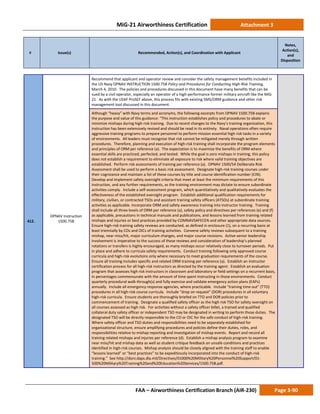 MiG-21 Airworthiness Certification Attachment 3
# Issue(s) Recommended, Action(s), and Coordination with Applicant
Notes,
Action(s),
and
Disposition
FAA – Airworthiness Certification Branch (AIR-230) Page 3-90
412.
OPNAV Instruction
1500.75B
Recommend that applicant and operator review and consider the safety management benefits included in
the US Navy OPNAV INSTRUCTION 1500.75B Policy and Procedures for Conducting High-Risk Training,
March 4, 2010. The policies and procedures discussed in this document have many benefits that can be
sued by a civil operator, especially an operator of a high-performance former military aircraft like the MiG-
21. As with the USAF ProSEF above, this process fits with existing SMS/ORM guidance and other risk
management tool discussed in this document.
Although “heavy” with Navy terms and acronyms, the following excerpts from OPNAV 1500.75B explains
the purpose and value of this guidance: “This instruction establishes policy and procedures to abate or
minimize mishaps during high-risk training. Due to recent changes to the Navy’s training organization, this
instruction has been extensively revised and should be read in its entirety. Naval operations often require
aggressive training programs to prepare personnel to perform mission essential high risk tasks in a variety
of environments. All leaders must recognize that risk cannot be mitigated merely through written
procedures. Therefore, planning and execution of high-risk training shall incorporate the program elements
and principles of ORM per reference (a). The expectation is to maximize the benefits of ORM where
essential skills are practiced, perfected, and tested. While the goal is zero mishaps in training, this policy
does not establish a requirement to eliminate all exposure to risk where valid training objectives are
established. Perform risk assessments of training per reference (a). OPNAV 1500/54 Deliberate Risk
Assessment shall be used to perform a basic risk assessment. Designate high-risk training courses under
their cognizance and maintain a list of these courses by title and course identification number (CIN).
Develop and implement safety oversight criteria that meet at least the minimum requirements of this
instruction, and any further requirements, as the training environment may dictate to ensure subordinate
activities comply. Include a self-assessment program, which quantitatively and qualitatively evaluates the
effectiveness of the established oversight program. Establish additional qualification requirements for
military, civilian, or contracted TSOs and assistant training safety officers (ATSOs) at subordinate training
activities as applicable. Incorporate ORM and safety awareness training into instructor training. Training
shall include all three levels of ORM per reference (a), safety policy and directives per references (e) and (f)
as applicable, precautions in technical manuals and publications, and lessons learned from training related
mishaps and injuries or best practices provided by COMNAVSAFECEN and other appropriate data sources.
Ensure high-risk training safety reviews are conducted, as defined in enclosure (1), on a recurring basis at
least triennially by COs and OICs of training activities. Convene safety reviews subsequent to a training
mishap, near miss/hit, major curriculum changes, and major course revisions. Active senior leadership
involvement is imperative to the success of these reviews and consideration of leadership’s planned
rotations or transfers is highly encouraged, as many mishaps occur relatively close to turnover periods. Put
in place and adhere to curricula safety requirements. Conduct training following only approved course
curricula and high-risk evolutions only where necessary to meet graduation requirements of the course.
Ensure all training includes specific and related ORM training per reference (a). Establish an instructor
certification process for all high-risk instructors as directed by the training agent. Establish an evaluation
program that assesses high risk instructors in classroom and laboratory or field settings on a recurrent basis,
in percentages commensurate with the amount of time spent instructing in those environments. Conduct
quarterly procedural walk-through(s) and fully exercise and validate emergency action plans (EAPs)
annually. Include all emergency response agencies, where practicable. Include “training time out” (TTO)
procedures in all high-risk course curricula. Include “drop on request” (DOR) procedures in all voluntary
high-risk curricula. Ensure students are thoroughly briefed on TTO and DOR policies prior to
commencement of training. Designate a qualified safety officer as the high risk TSO for safety oversight on
all courses assessed as high risk. For activities without a safety officer billet, a trained and qualified
collateral duty safety officer or independent TSO may be designated in writing to perform those duties. The
designated TSO will be directly responsible to the CO or OIC for the safe conduct of high-risk training.
Where safety officer and TSO duties and responsibilities need to be separately established for
organizational structure, ensure amplifying procedures and policies define their duties, roles, and
responsibilities relative to mishap reporting and investigation of mishap events. Report and record all
training related mishaps and injuries per reference (d). Establish a mishap analysis program to examine
near miss/hit and mishap data as well as student critique feedback on unsafe conditions and practices
identified in high-risk courses. Mishap analysis should be closely aligned with the training staff to enable
“lessons learned” or “best practices” to be expeditiously incorporated into the conduct of high-risk
training.” See http://doni.daps.dla.mil/Directives/01000%20Military%20Personnel%20Support/01-
500%20Military%20Training%20and%20Education%20Services/1500.75B.pdf.
 