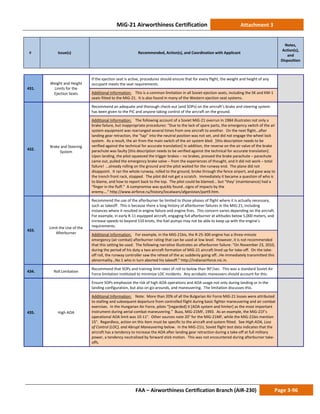 MiG-21 Airworthiness Certification Attachment 3
# Issue(s) Recommended, Action(s), and Coordination with Applicant
Notes,
Action(s),
and
Disposition
FAA – Airworthiness Certification Branch (AIR-230) Page 3-96
431.
Weight and Height
Limits for the
Ejection Seats
If the ejection seat is active, procedures should ensure that for every flight, the weight and height of any
occupant meets the seat requirements.
Additional Information: This is a common limitation in all Soviet ejection seats, including the SK and KM-1
seats fitted to the MiG-21. It is also found in many of the Western ejection seat systems.
432.
Brake and Steering
System
Recommend an adequate and thorough check-out (and SOPs) on the aircraft’s brake and steering system
has been given to the PIC and anyone taking control of the aircraft on the ground.
Additional Information: The following account of a Soviet MiG-21 overrun in 1984 illustrates not only a
brake failure, but inappropriate procedures: “Due to the lack of spare parts, the emergency switch of the air
system equipment was rearranged several times from one aircraft to another. On the next flight…after
landing gear retraction, the “tap” into the neutral position was not set, and did not engage the wheel lock
system. As a result, the air from the main switch of the air system bled. [this description needs to be
verified against the technical for accurate translation] In addition, the reverse on the air valve of the brake
parachute was faulty [this description needs to be verified against the technical for accurate translation].
Upon landing, the pilot squeezed the trigger brakes – no brakes, pressed the brake parachute – parachute
came out, pulled the emergency brake valve – from the experiences of thought, and it did not work – total
failure! …already rolling on the ground and the pilot waited for the runway end. The plane did not
disappoint. It ran the whole runway, rolled to the ground, broke through the fence airport, and gave way to
the trench front rack, stopped. The pilot did not get a scratch. Immediately it became a question of who is
to blame, and how to report back to the top. The pilot could be blamed... but “they’ (maintenance) had a
“finger in the fluff.” A compromise was quickly found…signs of impacts by the
enemy….” http://www.airforce.ru/history/localwars/afganistan/part9.htm.
433.
Limit the Use of the
Afterburner
Recommend the use of the afterburner be limited to those phases of flight where it is actually necessary,
such as takeoff. This is because there a long history of afterburner failures in the MiG-21, including
instances where it resulted in engine failure and engine fires. This concern varies depending on the aircraft.
For example, in early R-11 equipped aircraft, engaging full afterburner at altitudes below 5,000 meters, and
increase speeds to beyond 510 knots, the fuel pumps may not be able to keep up with the engine’s
requirements.
Additional Information: For example, in the MiG-21bis, the R-25-300 engine has a three-minute
emergency (air combat) afterburner rating that can be used at low level. However, it is not recommended
that this setting be used. The following narrative illustrates an afterburner failure: “On November 23, 2010,
during the period of his duty a two aircraft formation of MiG-21 aircraft lined up for take-off. On the take-
off roll, the runway controller saw the reheat of the ac suddenly going off…He immediately transmitted this
abnormality…No 1 who in turn aborted his takeoff.” http://indianairforce.nic.in.
434. Roll Limitation
Recommend that SOPs and training limit rates of roll to below than 90°/sec. This was a standard Soviet Air
Force limitation instituted to minimize LOC incidents. Any acrobatic maneuvers should account for this.
435. High AOA
Ensure SOPs emphasize the risk of high AOA operations and AOA usage not only during landing or in the
landing configuration, but also on go-arounds, and maneuvering. The limitation discusses this.
Additional Information: Note: More than 20% of all the Bulgarian Air Force MiG-21 losses were attributed
to stalling and subsequent departure from controlled flight during basic fighter maneuvering and air combat
exercises. In the Hungarian Air Force, pilots “[regarded] it [AOA system and limiter] as the most important
instrument during aerial combat maneuvering.” Buza, MiG-21MF, 1993. As an example, the MiG-21F’s
operational AOA limit was 10-11°. Other sources note 20° for the MiG-21MF, while the MiG-21bis mention
15°. Regardless, action on this item must be specific to the aircraft and system fitted. See High AOA, Loss
of Control (LOC), and Abrupt Maneuvering below. In the MiG-21U, Soviet flight test data indicates that the
aircraft has a tendency to increase the AOA after landing gear retraction during a take-off at full military
power, a tendency neutralized by forward stick motion. This was not encountered during afterburner take-
offs.
 