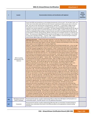 MiG-21 Airworthiness Certification Attachment 3
# Issue(s) Recommended, Action(s), and Coordination with Applicant
Notes,
Action(s),
and
Disposition
FAA – Airworthiness Certification Branch (AIR-230) Page 3-104
465.
MiG-21 Landing
Characteristics and
Overruns
Ensure that SOPs and training focus on the landing characteristics of the aircraft. This has been, by far, one
of the most critical safety issues with the aircraft, not just in operational military service, but in civil use as
well. Sink rates at near stall have been characterized as “spectacular.” In Soviet MiG-21 flight training
forced pilots to be very conservative in handling procedures such as forbidding full-flap landings and
required a very cautious approach to low speeds. The Soviets forbade full-flap landings because the MiG-21
“balloons” as the flaps move out and then decelerates and sinks rapidly. Another account notes that “the
reason for forbidding full-flap landings in nearly all versions was that on first depressing the flaps fully the
aircraft balloons severely, gaining perhaps 200 feet, whereupon the immediate reaction is to stuff the nose
down. This comes just as speed bleeds off fast and the aircraft begins to sink uncontrollably. A lot of MiG-
21s were lost in full-flaps landings…” Gunston, 1986. Forward visibility is restricted during the landing in
several Russian fighter types, and the MiG-21 is no exception.
Additional Information: A MiG-21 MF report noted that “at the low-speed end of the flight envelope, the
MiG-21MF begins to judder at about 180 mph, 290 km/hr., and aileron effectiveness declines at 150 m.p.h.,
240 km/hr. Normal touch-down speed is 170 mph, 270 km/hr. [Soviet] circuit technique is to fly a very wide,
square pattern at circuit height with a very long, straight final
approach.” http://www.flightglobal.com/pdfarchive/view/1975/1975%20-%201967.html. In fact, the high
landing speed of the aircraft was an issue even for pilots with previous fast jet experience like the Hunter.
In any case, airspeed management in final is essential. A USAF F-16 pilot who flew a MiG-21 with Bulgarian
Air force in 2010 described that this was “brought home to me during landing while in the backseat of a 1st
Squadron jet at Graf Ignatievo, Bulgaria. The pilot maintained 310 mph in the final turn to land, which is
approximately 124 mph faster than the F-16. I was wondering if we were going to perform a touch-and-go
as the distance remaining boards raced by at an alarming rate. Luckily, the front-seater decided to pull the
drag chute before any impolite questions had to be asked. It was very different experience than flying an
American fourth generation fighter.” Tyleloss, 2010. The following account by a ne w Indian Air Force MiG-
21 pilot illustrates the aircraft’s characteristics further: “After my Stage 3 training on Kiran MK-II aircraft, I
was posted to my first Fighter Squadron at a premier Fighter base in the West, for syllabus [training] on
MiG-21 T-96 aircraft. The morale was high and so were the spirits. The station housed two fighter
squadrons operating the same type of aircraft. So, the atmosphere with 22 flying officers wasn’t very
different from that in Training Command. Every morning ushered in unlimited visibility and high
serviceability; one could hear reheat after reheat, and it filled us with thrill. Soon, my ground training was
over and I commenced flying on what was called the real fighters. She was sleek and fast and could take
anyone for a ride. The time on downwind got over in a flick and there was no time to get our parameters
and carry out vital actions, leave alone the situational awareness on the circuit traffic. A few days later, the
first guy in the course cleared his solo check and was launched in a fighter for his first solo. With most of us
due for our solo checks in a few days, we proceeded along with the ACP pilot to see the first solo landing of
our course. He was our very own – Call Sign 919. After about 20 minutes, we heard Call Sign 919 on R/T for
the rejoin. He reported dead side and turned downwind. In the first overshoot, he was correctly on glide
path, after which he turned for downwind. In this time, Prowler formation that had gone for a BFM sortie
to the sector, too had rejoined. Prowler 2, a trainee, joined circuit behind 919, and the leader maintained
overhead to regulate gravy. 919 reported downwind, followed by Prowler 2. I picked him up visually on
finals – but wait a second! These were two aircraft in close proximity!! 919 while carrying out his
downwind vital actions had delayed his base leg turn and Prowler 2 had turned at the correct base leg
turning point. As a result when Prowler 2 rolled out on finals he was dangerously close to 919. The ATC in a
panic gave a call to Prowler 2 to go around and 919 to continue. However 919 also initiated go around in a
panic. The ACP pilot intervened and told Prowler 2 to go around on dead side. On seeing 919 in such close
proximity while going around, Prowler 2 put on a vicious bank with undercarriage and flaps down and
yanked back towards dead side. The ACP pilot in a horror yelled on R/T to offload, but the aircraft with
nose up and at very low speeds continued towards dead side and started a wild wing to wing rocking which
is a symptom of approach of stall. But much to everybody’s relief, it thereafter gradually lowered nose, and
spaced out to the correct dead side. Both aircraft were recovered safely subsequently. Lessons Learnt: The
MiG-21 requires careful handling at low speeds…”http://indianairforce.nic.in/fsmagazines/Jun12.pdf.
466.
360-Degree Overhead
Pattern Technique
Recommend the operator consider implementing SOPs to refrain from 360-degree overhead patterns at
uncontrolled airports. See AIM, Section 5-4-27 for additional information.
467. Crosswinds
Recommend the operator consider implementing SOPs that refer to conservative crosswind limitations
(possibly more conservative than those in the AFM) and adhere to the appropriate crosswind landing
techniques.
 