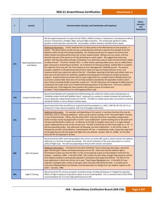 MiG-21 Airworthiness Certification Attachment 3
# Issue(s) Recommended, Action(s), and Coordination with Applicant
Notes,
Action(s),
and
Disposition
FAA – Airworthiness Certification Branch (AIR-230) Page 3-107
477.
Reporting Malfunctions
and Defects
Ask the applicant/operator to report (to the FSDO or MIDO) incidents, malfunctions, and equipment defects
found in maintenance, preflight, flight, and post-flight inspection. This would yield significant safety
benefits to both operators and the FAA. See Accident, Incident Histories, and Risk Factors above.
Additional Information: A 2011 study for the U.S. Navy points to the effectiveness of such practices. It
stated: “The data analysis carried out was a comprehensive attempt to examine the strength of the link
between safety climate and mishap probability. Our findings would seem to support the premise that
safety climate and safety performance are, at best, weakly related. Mishaps are rare events, and they
describe only part of the spectrum of risks pertaining to a work system. We suggest that measuring
workers’ self-reported safety attitudes and behavior is an alternative way to assess the discriminate validity
of safety climate.” O’Connor, October 2011. In other words, reporting safety issues, such as malfunctions,
goes a long way in preventing an accident. As an element of reducing accidents, notably MiG-21 accidents,
the Indian Air Force uses the “Air Force System on Error Management” (AFSEM) process. This process
provides a platform to all operational personnel to report any type of unsafe act/event, errors, and
violations which may undermine safety of the IAF. It facilitates reporting of the faults and utilizes them as a
vital source of information for predictive capability and subsequent formulation of accident preventive
program. Aviation history has shown that for every single fatal Cat-1 accident [Class A Mishap] which has
occurred in aviation field, there were 10 non-fatal accidents preceded by 30 reportable incidents which
were further preceded by 600 unreported, unsafe acts. The IAF today faces the challenge of addressing the
unreported and unsafe acts/ errors related with flying operations at the field units. The errors, violations
and unsafe acts, if left neglected, have proved to be a potent source of incidents and
accidents.” http://indianairforce.nic.in/fsmagazines/Dec11.pdf.
478. Cockpit Familiarization
Recommend detailed and comprehensive SOPs/training (not unlike the military-style training known as
“blindfold cockpit check with boldface items” conducted in a cockpit or cockpit simulator) be instituted to
ensure adequate cockpit familiarization for the PIC. The MiG-21 cockpit layout does not conform to normal
standards familiar in civil or Western military types.
479.
Autopilot
Recommend that if the aircraft has an original functional autopilot (i.e., KAP-1, KAP-2K, AP-155, AP-17, or
Chinese KJ-11 two-channel autopilot), that it be thoroughly understood.
Additional Information: For example, and depending on the system, it may have functions that may be
unfamiliar, such as “dumping stabilizers,” which can be used for landing, or the “horizontal flight” function,
in case of disorientation. Others, like the earlier KAP-1 only had roll control, essentially a wings leveler.
Earlier versions may be equipped with an earlier “auto-stabilization” system working only on the pitch-and-
roll axes and fitted with a q-feel unit. A reference to the KAP-2 autopilot notes that it is a single-channel
system stabilizing the aircraft on the roll axis only. The KAP-2 limited the aircraft’s bank angle to +/- 35°. It
had two operating modes. One addressed roll damping, the other stabilization. In the former mode, it
damped the aircrafts’ toll oscillations, monitoring the roll rate. In stabilization mode, it kept the wings level
and brought the aircraft into wings-level flight from any attitude. Gordon, MiG-21, 22008. On the other
hand, the AP-155 operates in all axes.
480. ARU-3V System
Recommend that SOPs and training address the correct use of the ARU system, which controls the stabilizer
deflection as a function of speed and altitude. The correct utilization of the auto stab system is a critical
safety of flight issue. This will vary depending on the aircraft’s version and variant.
Additional Information: A Finnish Air Force pilot noted that “once on base leg, slow down…and check
again that the gear is down and locked and pressures are OK. Check also that the stabilizer light is
illuminated to advice you that the ARU is in the correct gearing to give you full stabilator movement for
landing.” Laukkanen, 2004. In the MiG-21MF, “the controls are very heavy, though fully powered, and the
stick tailplane loading is automatically adjusted in accordance with speed and altitude. The MiG-21 has
auto stabilization in pitch and roll but not in yaw.” http://www.flightglobal.com. In the MiG-21F was
originally “equipped with a choice of two gear ratios manually selected by the pilot. A complex panel
instrument displayed Mach and altitude, and indicated when to change from one tailplane regime to the
other.” Gunston, 1986.
481. High-G Training
Recommend the PIC and any occupants received training, including techniques to mitigate the potential
effects of high-G exposure if operations above 3 Gs are contemplated. This is consistent with a 2012 NTSB
recommendation (A-12-11) for high-performance aircraft.
 