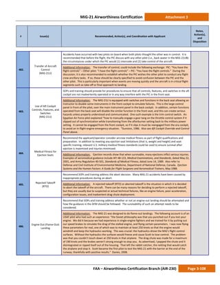 MiG-21 Airworthiness Certification Attachment 3
# Issue(s) Recommended, Action(s), and Coordination with Applicant
Notes,
Action(s),
and
Disposition
FAA – Airworthiness Certification Branch (AIR-230) Page 3-108
482.
Transfer of Aircraft
Control
(MiG-21U)
Accidents have occurred with two pilots on board when both pilots thought the other was in control. It is
recommended that before the flight, the PIC discuss with any other pilot (i.e., back seater in the MiG-21UB)
the circumstances under which the PIC would (1) intercede and (2) take control of the aircraft.
Additional Information: The transfer of control, could include the following exchange: PIC: “You have the
flight controls” – Other pilot: “I have the flight controls” – PIC: “You have the flight controls.” During the
discussion, it is also recommended to establish whether the PIC wishes the other pilot to conduct any flight
crew ancillary tasks. If so, these should be clearly specified to avoid confusion between the PIC and the
other pilot. This is particularly important when events are moving quickly and the aircraft is in critical flight
segments such as take-off or final approach to landing.
483.
Use of Aft Cockpit
Controls, Features, and
Switches
(MiG-21U)
SOPs and training should provide for procedures to ensure that all controls, features, and switches in the aft
cockpit are not inadvertently operated or in any way interfere with the PIC in the front seat.
Additional Information: The MiG-21U is equipped with switches and functions in the back seat allowing an
instructor to disable some instruments in the front cockpit to simulate failures. This is the large control
panel in front of the pilot, over the main instrument panel in the back cockpit. In addition, certain functions
operated from the back seat will disable the similar function in the front seat, and this can create serious
hazards unless properly understood and communicated. One such example is the trim control switch. An
Egyptian Air Force pilot explained “how to manually engage a gear tang on the throttle control system if it
slipped out of synchronization while transitioning from the afterburner setting back to the military power
setting. It cannot be engaged from the front cockpit, so if it slips it must be reengaged from the era cockpit,
to avoid an in-flight engine emergency situation. “Gunston, 1986. Also see Aft Cockpit Override and Control
Panel above.
484.
Medical Fitness for
Ejection Seats
Recommend the applicant/operator consider aircrew medical fitness as part of flight qualifications and
preparation. In addition to meeting any ejection seat limitations (that is, weight and height) and seat-
specific training, relevant U.S. military medical fitness standards could be used to ensure survival after
ejection is maximized and injuries minimized.
Additional Information: Ejection records show that when survivable, many ejections inflict serious injuries.
Examples of aeromedical guidance include AFI 48-123, Medical Examinations, and Standards, dated May 22,
2001, and Army Regulation 40-501, Standards of Medical Fitness, dated June 14, 1989. Also refer to
Defense and Civil Institute of Environmental Medicine, Department of National Defense, Canada. Ejection
Systems and the Human Factors: A Guide for Flight Surgeons and Aeromedical Trainers, May 1988.
485.
Rejected Takeoff
(RTO)
Recommend SOPs and training address the abort decision. Many MiG-21 accidents have been caused by
inappropriate procedures during an abort.
Additional Information: A rejected takeoff (RTO) or aborted takeoff is the situation in which it is decided
to abort the takeoff of the aircraft. There can be many reasons for deciding to perform a rejected takeoff,
but they are usually due to suspected or actual technical failures, like an engine failure, poor acceleration,
configuration issues, and inadvertent drag chute deployment.
486.
Engine Out (Flame-Out)
Landing
Recommend that SOPs and training address whether or not an engine-out landing should be attempted and
how the guidance in the AFM should be followed. The survivability of such an attempt needs to be
considered.
Additional Information: The MiG-21 was designed to do flame-out landings. The following account is of an
USAF pilot who had such an experience: “the Soviet philosophy was that you punched out if you lost your
engine. We did it because we had experience in single-engine fighters and we trained for it by putting out
our speed brakes to simulate the drag of the stalled engine, and flying certain parameters. I was now flying
these parameters for real, one of which was to maintain at least 250 knots so that the engine would
windmill and keep the hydraulics working. This was crucial: the hydraulics drove the MiG’s flight control
surfaces. Without the hydraulics the surfaces would freeze and cause Scott to lose control. The problem
was that you couldn’t touch down at 250 knots in that airplane. The drag chute was made for a maximum
of 190 knots and the brakes weren’t strong enough to stop you. As advertised, I popped the chute and it
disintegrated or ripped itself out of the housing. That left the rabbit catcher, the netting that would catch
the airplane and stop it. Scott became the first pilot to test the MiG-21 with the barrier at the end of the
runway, thankfully with positive results.” Davies, 2008.
 