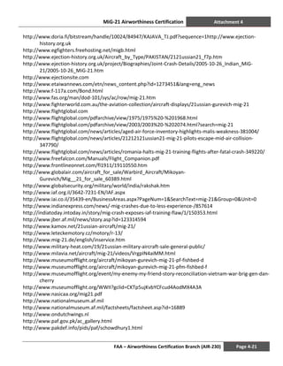 MiG-21 Airworthiness Certification Attachment 4
FAA – Airworthiness Certification Branch (AIR-230) Page 4-21
http://www.doria.fi/bitstream/handle/10024/84947/KAJAVA_TJ.pdf?sequence=1http://www.ejection-
history.org.uk
http://www.egfighters.freehosting.net/migb.html
http://www.ejection-history.org.uk/Aircraft_by_Type/PAKISTAN/2121ussian21_f7p.htm
http://www.ejection-history.org.uk/project/Biographies/Joint-Crash-Details/2005-10-26_Indian_MiG-
21/2005-10-26_MiG-21.htm
http://www.ejectionsite.com
http://www.etaiwannews.com/etn/news_content.php?id=1273451&lang=eng_news
http://www.f-117a.com/Bond.html
http://www.fas.org/man/dod-101/sys/ac/row/mig-21.htm
http://www.fighterworld.com.au/the-aviation-collection/aircraft-displays/21ussian-gurevich-mig-21
http://www.flightglobal.com
http://www.flightglobal.com/pdfarchive/view/1975/1975%20-%201968.html
http://www.flightglobal.com/pdfarchive/view/2003/2003%20-%202074.html?search=mig-21
http://www.flightglobal.com/news/articles/aged-air-force-inventory-highlights-malis-weakness-381004/
http://www.flightglobal.com/news/articles/21212121ussian21-mig-21-pilots-escape-mid-air-collision-
347790/
http://www.flightglobal.com/news/articles/romania-halts-mig-21-training-flights-after-fatal-crash-349220/
http://www.freefalcon.com/Manuals/Flight_Companion.pdf
http://www.frontlineonnet.com/fl1911/19110550.htm
http://www.globalair.com/aircraft_for_sale/Warbird_Aircraft/Mikoyan-
Gurevich/Mig__21_for_sale_60389.html
http://www.globalsecurity.org/military/world/india/rakshak.htm
http://www.iaf.org.il/3642-7231-EN/IAF.aspx
http://www.iai.co.il/35439-en/BusinessAreas.aspx?PageNum=1&SearchText=mig-21&Group=0&Unit=0
http://www.indianexpress.com/news/-mig-crashes-due-to-less-experience-/857614
http://indiatoday.intoday.in/story/mig-crash-exposes-iaf-training-flaw/1/150353.html
http://www.jber.af.mil/news/story.asp?id=123314594
http://www.kamov.net/21ussian-aircraft/mig-21/
http://www.leteckemotory.cz/motory/r-13/
http://www.mig-21.de/english/inservice.htm
http://www.military-heat.com/19/21ussian-military-aircraft-sale-general-public/
http://www.milavia.net/aircraft/mig-21/videos/VrgpIN4aiMM.html
http://www.museumofflight.org/aircraft/mikoyan-gurevich-mig-21-pf-fishbed-d
http://www.museumofflight.org/aircraft/mikoyan-gurevich-mig-21-pfm-fishbed-f
http://www.museumofflight.org/event/my-enemy-my-friend-story-reconciliation-vietnam-war-brig-gen-dan-
cherry
http://www.museumofflight.org/WWII?gclid=CKTp5ujKvbYCFcud4AodMX4A3A
http://www.nasicaa.org/mig21.pdf
http://www.nationalmuseum.af.mil
http://www.nationalmuseum.af.mil/factsheets/factsheet.asp?id=16889
http://www.ondutchwings.nl
http://www.paf.gov.pk/ac_gallery.html
http://www.pakdef.info/pids/paf/schowdhury1.html
 