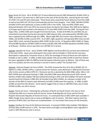 MiG-21 Airworthiness Certification Attachment 2
FAA – Airworthiness Certification Branch (AIR-230) Page 2-43
Syria: Syrian Air Force. 40 or 45 MiG-21F-13 were delivered around 1965 followed by 36 MiG-21PFs in
1966; six of the F-13s were lost in 1967 prior to the start of the Six Day War, and during the war itself,
32 of 60 F-13s and PFs were destroyed. These losses were covered by future deliveries from the USSR,
as well as four MiG-21F-13s from Czechoslovakia and ten from Hungary. From 1968, 100 MiG-21PFM
and MiG-21PFS were delivered, as were six MiG-21Rs in the 1970s. Sixty-one MiG-21MFs were
delivered between 1971 and 1973, but massive losses during the Yom Kippur War (180 Syrian fighters
of all types were lost) resulted in the delivery of 75 more MiG-21MFs from the USSR. During the Yom
Kippur War, 12 MiG-21Ms were bought from East Germany. A total of 54 MiG-21s and MiG-23s are
estimated to have been lost by Syria during the 1982 Lebanon War; and subsequently 198 MiG-21bis
were supplied by the USSR through the 1980s. About eight MiG-21U trainers were delivered in the
1960s, and 20 MiG-21UMs around 1973. As of 2007, eight squadrons still operated MiG-21bis aircraft,
about 200 in total, namely 8 Squadron (MiG-21MF) at Deir ez-Zor, 12 Squadron (MiG-21MF) at Tabqa,
679 and 680 Squadrons (all MiG-21MF) at Hama and 825, 826, 945 and 946 Squadrons (all MiG-21bis)
at Al Qusayr. Another source says there are 142 MiG-21 in service.
Uganda: Ugandan Air Force. Up to 18 MiG-21MF fighters and three MiG-21U variants were delivered
in the early 1970s. Seven were destroyed in the Israeli raid on Entebbe in 1976 and the rest were
destroyed or captured by Tanzanian forces in 1979; the wreckage of many of these was still visible in
Entebbe as late as 2003. In 1999, six MiG-21bis Izdeliye 75A and one MiG-21UM arrived from Poland
but were upgraded to MiG-21-2000 by Israel Aerospace Industries prior to delivery. One of these was
lost in an accident, but the rest continue in service in what is called "The Combat Unit."
Vietnam: Vietnam People's Air Force (VPAF). The VPAF received the first of its 20 or 30 MiG-21F-13
fighters in 1965; 30 MiG-21PFLs, a special variant for Vietnam, were delivered in 1966 (some historians
refer to this variant as MiG-21PFV (V = Vietnam), but this is denied by the MiG OKB); either 100 or 110
MiG-21PFM were delivered starting in 1968; sixty MiG-21MF were delivered around 1970; several
batches of MiG-21bis Izdeliye 75B were delivered starting in 1979, and 18 of Izdeliye 75A were received
second hand from Poland in 2005 (the 18 included a few MiG-21UMs). An unknown number of all
variants of the MiG-21 trainers were delivered, but MiG-21UMs were the majority. In 1996, six MiG-
21UMs arrived from the Ukraine. Some reports suggest that as many as 180 MiG-21bis, plus at least
24 MiG-21UMs, are still in service.
Yemen: Yemen Air Force. Following the unification of North and South Yemen, the new air force
received the MiG-21s in service with the former Yemen Arab Republic Air Force and the former
People's Democratic Republic of Yemen Air Force. It is estimated that 21 MiG-21MF were available in
2006, though some reports cite as many as 60 fighters and 12 trainers. Still other reports claim the
presence of MiG-21bis, but these are unsubstantiated. It is not known how many are still airworthy.
Zambia: Zambian Air Force & Air Defense Command. It received 14 MiG-21bis (Izdeliye 75A) fighters
and two MiG-21UM trainers in 1976. The two trainers and eight surviving fighters were upgraded in
Israel in 1997-98 and are now in service.
 