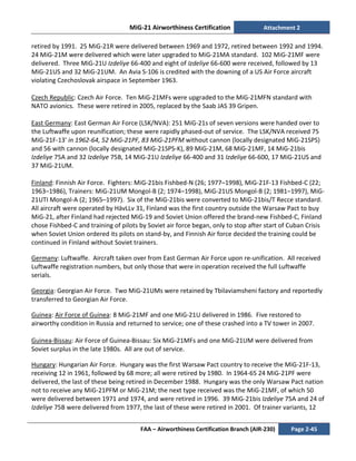 MiG-21 Airworthiness Certification Attachment 2
FAA – Airworthiness Certification Branch (AIR-230) Page 2-45
retired by 1991. 25 MiG-21R were delivered between 1969 and 1972, retired between 1992 and 1994.
24 MiG-21M were delivered which were later upgraded to MiG-21MA standard. 102 MiG-21MF were
delivered. Three MiG-21U Izdeliye 66-400 and eight of Izdeliye 66-600 were received, followed by 13
MiG-21US and 32 MiG-21UM. An Avia S-106 is credited with the downing of a US Air Force aircraft
violating Czechoslovak airspace in September 1963.
Czech Republic: Czech Air Force. Ten MiG-21MFs were upgraded to the MiG-21MFN standard with
NATO avionics. These were retired in 2005, replaced by the Saab JAS 39 Gripen.
East Germany: East German Air Force (LSK/NVA): 251 MiG-21s of seven versions were handed over to
the Luftwaffe upon reunification; these were rapidly phased-out of service. The LSK/NVA received 75
MiG-21F-13' in 1962-64, 52 MiG-21PF, 83 MiG-21PFM without cannon (locally designated MiG-21SPS)
and 56 with cannon (locally designated MiG-21SPS-K), 89 MiG-21M, 68 MiG-21MF, 14 MiG-21bis
Izdeliye 75A and 32 Izdeliye 75B, 14 MiG-21U Izdeliye 66-400 and 31 Izdeliye 66-600, 17 MiG-21US and
37 MiG-21UM.
Finland: Finnish Air Force. Fighters: MiG-21bis Fishbed-N (26; 1977–1998), MiG-21F-13 Fishbed-C (22;
1963–1986), Trainers: MiG-21UM Mongol-B (2; 1974–1998), MiG-21US Mongol-B (2; 1981–1997), MiG-
21UTI Mongol-A (2; 1965–1997). Six of the MiG-21bis were converted to MiG-21bis/T Recce standard.
All aircraft were operated by HävLLv 31, Finland was the first country outside the Warsaw Pact to buy
MiG-21, after Finland had rejected MiG-19 and Soviet Union offered the brand-new Fishbed-C, Finland
chose Fishbed-C and training of pilots by Soviet air force began, only to stop after start of Cuban Crisis
when Soviet Union ordered its pilots on stand-by, and Finnish Air force decided the training could be
continued in Finland without Soviet trainers.
Germany: Luftwaffe. Aircraft taken over from East German Air Force upon re-unification. All received
Luftwaffe registration numbers, but only those that were in operation received the full Luftwaffe
serials.
Georgia: Georgian Air Force. Two MiG-21UMs were retained by Tbilaviamsheni factory and reportedly
transferred to Georgian Air Force.
Guinea: Air Force of Guinea: 8 MiG-21MF and one MiG-21U delivered in 1986. Five restored to
airworthy condition in Russia and returned to service; one of these crashed into a TV tower in 2007.
Guinea-Bissau: Air Force of Guinea-Bissau: Six MiG-21MFs and one MiG-21UM were delivered from
Soviet surplus in the late 1980s. All are out of service.
Hungary: Hungarian Air Force. Hungary was the first Warsaw Pact country to receive the MiG-21F-13,
receiving 12 in 1961, followed by 68 more; all were retired by 1980. In 1964-65 24 MiG-21PF were
delivered, the last of these being retired in December 1988. Hungary was the only Warsaw Pact nation
not to receive any MiG-21PFM or MiG-21M; the next type received was the MiG-21MF, of which 50
were delivered between 1971 and 1974, and were retired in 1996. 39 MiG-21bis Izdeliye 75A and 24 of
Izdeliye 75B were delivered from 1977, the last of these were retired in 2001. Of trainer variants, 12
 
