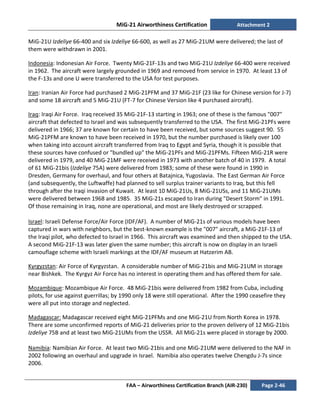 MiG-21 Airworthiness Certification Attachment 2
FAA – Airworthiness Certification Branch (AIR-230) Page 2-46
MiG-21U Izdeliye 66-400 and six Izdeliye 66-600, as well as 27 MiG-21UM were delivered; the last of
them were withdrawn in 2001.
Indonesia: Indonesian Air Force. Twenty MiG-21F-13s and two MiG-21U Izdeliye 66-400 were received
in 1962. The aircraft were largely grounded in 1969 and removed from service in 1970. At least 13 of
the F-13s and one U were transferred to the USA for test purposes.
Iran: Iranian Air Force had purchased 2 MiG-21PFM and 37 MiG-21F (23 like for Chinese version for J-7)
and some 18 aircraft and 5 MiG-21U (FT-7 for Chinese Version like 4 purchased aircraft).
Iraq: Iraqi Air Force. Iraq received 35 MiG-21F-13 starting in 1963; one of these is the famous "007"
aircraft that defected to Israel and was subsequently transferred to the USA. The first MiG-21PFs were
delivered in 1966; 37 are known for certain to have been received, but some sources suggest 90. 55
MiG-21PFM are known to have been received in 1970, but the number purchased is likely over 100
when taking into account aircraft transferred from Iraq to Egypt and Syria, though it is possible that
these sources have confused or "bundled up" the MiG-21PFs and MiG-21PFMs. Fifteen MiG-21R were
delivered in 1979, and 40 MiG-21MF were received in 1973 with another batch of 40 in 1979. A total
of 61 MiG-21bis (Izdeliye 75A) were delivered from 1983; some of these were found in 1990 in
Dresden, Germany for overhaul, and four others at Batajnica, Yugoslavia. The East German Air Force
(and subsequently, the Luftwaffe) had planned to sell surplus trainer variants to Iraq, but this fell
through after the Iraqi invasion of Kuwait. At least 10 MiG-21Us, 8 MiG-21USs, and 11 MiG-21UMs
were delivered between 1968 and 1985. 35 MiG-21s escaped to Iran during "Desert Storm" in 1991.
Of those remaining in Iraq, none are operational, and most are likely destroyed or scrapped.
Israel: Israeli Defense Force/Air Force (IDF/AF). A number of MiG-21s of various models have been
captured in wars with neighbors, but the best-known example is the "007" aircraft, a MiG-21F-13 of
the Iraqi pilot, who defected to Israel in 1966. This aircraft was examined and then shipped to the USA.
A second MiG-21F-13 was later given the same number; this aircraft is now on display in an Israeli
camouflage scheme with Israeli markings at the IDF/AF museum at Hatzerim AB.
Kyrgyzstan: Air Force of Kyrgyzstan. A considerable number of MiG-21bis and MiG-21UM in storage
near Bishkek. The Kyrgyz Air Force has no interest in operating them and has offered them for sale.
Mozambique: Mozambique Air Force. 48 MiG-21bis were delivered from 1982 from Cuba, including
pilots, for use against guerrillas; by 1990 only 18 were still operational. After the 1990 ceasefire they
were all put into storage and neglected.
Madagascar: Madagascar received eight MiG-21PFMs and one MiG-21U from North Korea in 1978.
There are some unconfirmed reports of MiG-21 deliveries prior to the proven delivery of 12 MiG-21bis
Izdeliye 75B and at least two MiG-21UMs from the USSR. All MiG-21s were placed in storage by 2000.
Namibia: Namibian Air Force. At least two MiG-21bis and one MiG-21UM were delivered to the NAF in
2002 following an overhaul and upgrade in Israel. Namibia also operates twelve Chengdu J-7s since
2006.
 