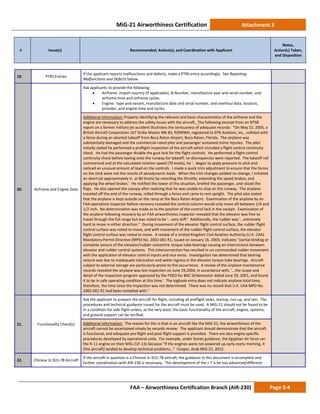 MiG-21 Airworthiness Certification Attachment 3
# Issue(s) Recommended, Action(s), and Coordination with Applicant
Notes,
Action(s) Taken,
and Disposition
FAA – Airworthiness Certification Branch (AIR-230) Page 3-4
19. PTRS Entries
If the applicant reports malfunctions and defects, make a PTRS entry accordingly. See Reporting
Malfunctions and Defects below.
20. Airframe and Engine Data
Ask applicants to provide the following:
• Airframe: import country (if applicable), N-Number, manufacture year and serial number, and
airframe time and airframe cycles.
• Engine: type and variant, manufacture date and serial number, and overhaul data, location,
provider, and engine time and cycles.
Additional Information: Properly identifying the relevant and basic characteristics of the airframe and the
engine are necessary to address the safety issues with the aircraft. The following excerpt from an NTSB
report on a former military jet accident illustrates the seriousness of adequate records: “On May 15, 2005, a
British Aircraft Corporation 167 Strike Master MK 83, N399WH, registered to DTK Aviation, Inc., collided with
a fence during an aborted takeoff from Boca Raton Airport, Boca Raton, Florida. The airplane was
substantially damaged and the commercial-rated pilot and passenger sustained minor injuries. The pilot
initially stated he performed a preflight inspection of the aircraft which included a flight control continuity
check. He had the passenger disable the gust lock for the flight controls. He performed a flight control
continuity check before taxiing onto the runway for takeoff; no discrepancies were reported. The takeoff roll
commenced and at the calculated rotation speed (70 knots), he ‘...began to apply pressure to stick and
noticed an unusual amount of load on the controls. I made a quick trim adjustment to ensure that the forces
on the stick were not the results of aerodynamic loads. When the trim changes yielded no change, I initiated
an abort (at approximately Vr at 80 knots) by retarding the throttle, extending the speed brakes, and
applying the wheel brakes.’ He notified the tower of the situation, briefed the passenger, and raised the
flaps. He also opened the canopy after realizing that he was unable to stop on the runway. The airplane
traveled off the end of the runway, rolled through a fence and came to rest upright. The pilot also stated
that the airplane is kept outside on the ramp at the Boca Raton Airport. Examination of the airplane by an
FAA operations inspector before recovery revealed the control column would only move aft between 1/4 and
1/2 inch. No determination was made as to the position of the control lock in the cockpit. Examination of
the airplane following recovery by an FAA airworthiness inspector revealed that the elevator was free to
travel through the full range but was noted to be ‘...very stiff.’ Additionally, the rudder was ‘...extremely
hard to move in either direction.” During movement of the elevator flight control surface, the rudder flight
control surface was noted to move, and with movement of the rudder flight control surface, the elevator
flight control surface was noted to move. A review of a United Kingdom Civil Aviation Authority (U.K. CAA)
Mandatory Permit Directive (MPD) No. 2002-001 R1, issued on January 16, 2003, indicates “partial binding or
complete seizure of the elevator/rudder concentric torque tube bearings causing an interconnect between
elevator and rudder control systems. This interconnection has resulted in un-commanded rudder movement
with the application of elevator control inputs and vice versa. Investigation has determined that bearing
seizure was due to inadequate lubrication and water ingress in the elevator torque tube bearings. Aircraft
subject to external storage are particularly prone to this occurrence. A review of the airplane maintenance
records revealed the airplane was last inspection on June 29,2004, in accordance with, ‘...the scope and
detail of the inspection program approved by the FSDO for BAC Strikemaster dated June 29, 2001, and found
it to be in safe operating condition at this time.’ The logbook entry does not indicate airplane total time;
therefore, the time since the inspection was not determined. There was no record that U.K. CAA MPD No.
2002-001 R1 had been complied with.”
21. Functionality Check(s)
Ask the applicant to prepare the aircraft for flight, including all preflight tasks, startup, run-up, and taxi. The
procedures and technical guidance issued for the aircraft must be used. A MiG-21 should not be found to be
in a condition for safe flight unless, at the very least, the basic functionality of the aircraft, engine, systems,
and ground support can be verified.
Additional Information: The reason for this is that in an aircraft like the MiG-21, the airworthiness of the
aircraft cannot be ascertained simply by records review. The applicant should demonstrate that the aircraft
is functional, and adequate pre-flight and post-flight support is provided. There are also engine specific
procedures developed by operational units. For example, under Soviet guidance, the Egyptian Air force ran
the R-11 engine on their MiG-21F-13s because “if the engines were not powered up early every morning, it
[the aircraft] tended to develop technical problems…” Cooper, Arab MiG-21, 2012.
22. Chinese JL-9/JJ-7B Aircraft
If the aircraft in question is a Chinese JL-9/JJ-7B aircraft, the guidance in this document is incomplete and
further coordination with AIR-230 is necessary. This development of the J-7 is far too advanced/different.
 