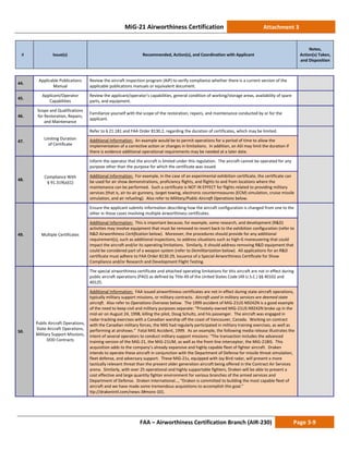 MiG-21 Airworthiness Certification Attachment 3
# Issue(s) Recommended, Action(s), and Coordination with Applicant
Notes,
Action(s) Taken,
and Disposition
FAA – Airworthiness Certification Branch (AIR-230) Page 3-9
44.
Applicable Publications
Manual
Review the aircraft inspection program (AIP) to verify compliance whether there is a current version of the
applicable publications manuals or equivalent document.
45.
Applicant/Operator
Capabilities
Review the applicant/operator’s capabilities, general condition of working/storage areas, availability of spare
parts, and equipment.
46.
Scope and Qualifications
for Restoration, Repairs,
and Maintenance
Familiarize yourself with the scope of the restoration, repairs, and maintenance conducted by or for the
applicant.
47.
Limiting Duration
of Certificate
Refer to § 21.181 and FAA Order 8130.2, regarding the duration of certificates, which may be limited.
Additional Information: An example would be to permit operations for a period of time to allow the
implementation of a corrective action or changes in limitations. In addition, an ASI may limit the duration if
there is evidence additional operational requirements may be needed at a later date.
48.
Compliance With
§ 91.319(a)(1)
Inform the operator that the aircraft is limited under this regulation. The aircraft cannot be operated for any
purpose other than the purpose for which the certificate was issued.
Additional Information: For example, in the case of an experimental exhibition certificate, the certificate can
be used for air show demonstrations, proficiency flights, and flights to and from locations where the
maintenance can be performed. Such a certificate is NOT IN EFFECT for flights related to providing military
services (that is, air-to-air gunnery, target towing, electronic countermeasures (ECM) simulation, cruise missile
simulation, and air refueling). Also refer to Military/Public Aircraft Operations below.
49. Multiple Certificates
Ensure the applicant submits information describing how the aircraft configuration is changed from one to the
other in those cases involving multiple airworthiness certificates.
Additional Information: This is important because, for example, some research, and development (R&D)
activities may involve equipment that must be removed to revert back to the exhibition configuration (refer to
R&D Airworthiness Certification below). Moreover, the procedures should provide for any additional
requirement(s), such as additional inspections, to address situations such as high-G maneuvering that could
impact the aircraft and/or its operating limitations. Similarly, it should address removing R&D equipment that
could be considered part of a weapon system (refer to Demilitarization below). All applications for an R&D
certificate must adhere to FAA Order 8130.29, Issuance of a Special Airworthiness Certificate for Show
Compliance and/or Research and Development Flight Testing.
50.
Public Aircraft Operations,
State Aircraft Operations,
Military Support Missions,
DOD Contracts
The special airworthiness certificate and attached operating limitations for this aircraft are not in effect during
public aircraft operations (PAO) as defined by Title 49 of the United States Code (49 U.S.C.) §§ 40102 and
40125.
Additional Information: FAA issued airworthiness certificates are not in effect during state aircraft operations,
typically military support missions, or military contracts. Aircraft used in military services are deemed state
aircraft. Also refer to Operations Overseas below. The 1999 accident of MiG-21US N9242N is a good example
of the need to keep civil and military purposes separate: “Privately-owned MiG-21US N9242N broke up in the
mid-air on August 24, 1998, killing the pilot, Doug Schultz, and his passenger. The aircraft was engaged in
radar-tracking exercises with a Canadian warship off the coast of Vancouver, Canada. Working on contract
with the Canadian military forces, the MiG had regularly participated in military training exercises, as well as
performing at airshows.” Fatal MiG Accident, 1999. As an example, the following media release illustrates the
intent of several operators to conduct military support missions: “The transaction includes the advanced
training version of the MiG-21, the MiG-21UM, as well as the front-line interceptor, the MiG-21BIS. This
acquisition adds to the company’s already expansive and highly capable fleet of fighter aircraft. Draken
intends to operate these aircraft in conjunction with the Department of Defense for missile threat simulation,
fleet defense, and adversary support. These MiG-21s, equipped with Jay Bird radar, will present a more
tactically relevant threat than the present older generation aircraft being offered in the Contract Air Services
arena. Similarly, with over 25 operational and highly supportable fighters, Draken will be able to present a
cost effective and large quantity fighter environment for various branches of the armed services and
Department of Defense. Draken International…, “Draken is committed to building the most capable fleet of
aircraft and we have made some tremendous acquisitions to accomplish this goal.”
ttp://drakenintl.com/news-3#more-101.
 