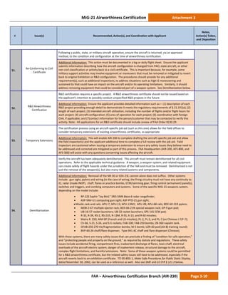 MiG-21 Airworthiness Certification Attachment 3
# Issue(s) Recommended, Action(s), and Coordination with Applicant
Notes,
Action(s) Taken,
and Disposition
FAA – Airworthiness Certification Branch (AIR-230) Page 3-10
51.
Re-Conforming to Civil
Certificate
Following a public, state, or military aircraft operation, ensure the aircraft is returned, via an approved
method, to the condition and configuration at the time of airworthiness certification.
Additional Information: This action must be documented in a log or daily flight sheet. Ensure the applicant
submits information describing how the aircraft configuration is changed from PAO, state aircraft, or other
non-civil classification or activity back to a civil certificate. This is important because, for example, some
military support activities may involve equipment or maneuvers that must be removed or mitigated to revert
back to original Exhibition or R&D configuration. The procedures should provide for any additional
requirement(s), such as additional inspections, to address situations such as high-G maneuvering and
sustained Gs that could have an impact on the aircraft and/or its operating limitations. Similarly, it should
address removing equipment that could be considered part of a weapon system. See Demilitarization below.
52.
R&D Airworthiness
Certification
R&D certification requires a specific project. A R&D airworthiness certificate should not be issued based on
the applicant’s intention to possibly conduct unspecified R&D projects in the future.
Additional Information: Ensure the applicant provides detailed information such as— (1) description of each
R&D project providing enough detail to demonstrate it meets the regulatory requirements of § 21.191(a); (2)
length of each project; (3) intended aircraft utilization, including the number of flights and/or flight hours for
each project; (4) aircraft configuration; (5) area of operation for each project; (6) coordination with foreign
CAA, if applicable; and (7)contact information for the person/customer that may be contacted to verify this
activity. Note: All applications for an R&D certificate should include review of FAA Order 8130.29.
53. Temporary Extensions
The certification process using an aircraft-specific job aid (such as this one) allows for the field offices to
consider temporary extensions of existing airworthiness certificates, as appropriate.
Additional Information: This will enable AIR-200 to complete drafting the aircraft-specific job aid and allow
the field inspector(s) and the applicant additional time to complete a full review with the job aid. Field
inspectors are cautioned when issuing a temporary extension to ensure any safety issues they believe need to
be addressed and corrected are mitigated as part of this process. FAA Headquarters (AIR-200, AFS-800, and
AFS-300) will assist with any questions concerning issues affecting the aircraft.
54. Demilitarization
Verify the aircraft has been adequately demilitarized. This aircraft must remain demilitarized for all civil
operations. Refer to the applicable technical guidance. A weapon, a weapon system, and related equipment
can create safety of flight hazards under the jurisdiction of the FAA and must be removed. Demilitarized is not
just the removal of the weapon(s), but also many related systems and components.
Additional Information: Removal of the NR-30 or GSh-23L cannon alone does not suffice. Other systems
include: gun sight, pylons and wiring (in the case of wiring, the firing circuitry must not have any continuity to
it), radar (made INOP), chaff, flares or practice bombs, ECM/Jamming gear, firing control (armament) panel(s),
switches and triggers, and combing computers and systems. Some of the specific MiG-21 weapons system,
depending on the model include:
• RP-22S Saphir “Jay Bird;” SRD-5MN Baza-6 radar rangefinder;
• ASP-5NV-U1 computing gun sight; ASP-PFD-21 gun sight;
•Missile rack and rails: APU-7; APU-13; APU-13M1; APU-28; APU-68 rails; BDZ-60-21R pylons;
• MDB-2-67 multiple ejector rack; BD3-66-21N special weapon rack; GP-9 gun pod;
• UB-16-57 rocket launchers; UB-32 rocket launchers; SPS-141 ECM pod;
• R-3S, R-3R, RS-2, RS-2US, R-13M, R-55, K-13, and R-60 missiles;
• Matra R. 550, AIM-9P (French and US missiles); PL-2, PL-5, and PL-7 (on Chinese J-7/F-7);
• Ch-66, S-21, S-24, and S-5 rockets; FAB-100; FAB-250 bombs; ZB-360 napalm tank.
• OFAB-250-270 He/fragmentation bombs; M-5 bomb; UZR-60 pod (AA-8) training round):
• BVP-60-26 chaff/flare dispenser; Type 941-4C chaff and flare dispenser (Chinese);
With these systems, there are many safety issues that can preclude a finding of “condition for safe operation,”
and “protecting people and property on the ground,” as required by statute and regulations. These safety
issues include accidental firing, compartment fires, inadvertent discharge of flares, toxic chaff, electrical
overloads of the aircraft electric system, danger of inadvertent release, structural damage to the aircraft,
complex flight limitations, and harmful emissions. Note: Some of these weapon systems could be permitted
for a R&D airworthiness certificate, but the related safety issues still have to be addressed, especially if the
aircraft reverts back to an exhibition certificate. TO 00-80G-1, Make Safe Procedures for Public Static Display,
dated November 30, 2002, can be used as a reference as well. Also see SME and 22 CFR § 121.3 below.
 