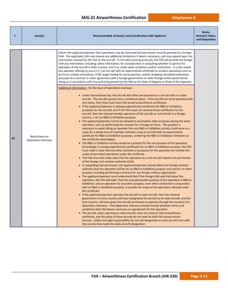 MiG-21 Airworthiness Certification Attachment 3
# Issue(s) Recommended, Action(s), and Coordination with Applicant
Notes,
Action(s) Taken,
and Disposition
FAA – Airworthiness Certification Branch (AIR-230) Page 3-13
62.
Restrictions on
Operations Overseas
Inform the applicant/operator that operations may be restricted and permission must be granted by a foreign
CAA. The applicable CAA may impose any additional limitations it deems necessary, and may expand upon the
restrictions imposed by the FAA on the aircraft. In line with existing protocols, the FAA will provide the foreign
CAA any information, including safety information, for consideration in evaluating whether to permit the
operation of the aircraft in their country, and if so, under what conditions and/or restrictions. It is also noted
any operator offering to use a U.S. civil aircraft with an experimental certificate to conduct operations such as
air-to-air combat simulations, ECM, target towing for aerial gunnery, and/or dropping simulated ordinances
pursuant to a contract or other agreement with a foreign government or other foreign entity would not be
doing so in accordance with any authority granted by the FAA as the State of Registry or State of the Operator.
Additional Information: On the issue of operations overseas:
• Under international law, the aircraft will either be operated as a civil aircraft or a state
aircraft. The aircraft cannot have a combined status. If the aircraft are to be operated with
civil status, then they must have FAA-issued airworthiness certificates.
• If the applicant/operator is seeking experimental certificates for R&D or Exhibition
purposes for the aircraft, and if the FAA issues (or renews) those certificates for the
aircraft, then the only permissible operation of the aircraft as civil aircraft in a foreign
country, is for an R&D or Exhibition purpose.
• The applicant/operator cannot be allowed to accomplish other purposes during the same
operation, such as performing the contract for a foreign air force. This position is
necessary to avoid telling an operator that any R&D or Exhibition activity could serve as a
cover for a whole host of improper activities using an aircraft with an experimental
certificate for R&D or Exhibition purposes, rendering the R&D or Exhibition limitation on
the certificate meaningless.
• The R&D or Exhibition activity would be a pretext for the real purpose of the operation.
Accordingly, in issuing experimental certificates for an R&D or Exhibition purpose, the FAA
must make it clear that any other activities or purposes for the operation are outside the
scope of permitted operations under the certificate.
• The FAA must also make clear that the operation as a civil aircraft requires the permission
of the foreign civil aviation authority (CAA).
• In requesting that permission, the applicant/operator should advise the foreign aviation
authority that the operation will be for an R&D or Exhibition purpose only and for no other
purpose, including performing a contract for any foreign military organization.
• The applicant/operator must understand that if the foreign CAA asks FAA about the
operation, the FAA will state “that the only permissible purpose of the operation is R&D or
Exhibition, and an operation for any other purpose, even when conducted in conjunction
with an R&D or Exhibition purpose, is outside the scope of the operations allowed under
the certificate.
• If the applicant/operator operates the aircraft as state aircraft, then the national
government of some country will have designated the aircraft as its state aircraft, and the
host country, will have given the aircraft permission to operate through the issuance of a
diplomatic clearance. That diplomatic clearance should include whatever terms and
conditions that CAA deems necessary or appropriate for the operation.
• The aircraft, when operated as state aircraft, does not need an FAA airworthiness
certificate, and the pilots of those aircraft do not need to hold FAA-issued airman
licenses. Safety oversight responsibility for aircraft designated as state aircraft rests with
the country that made the state aircraft designation.
 