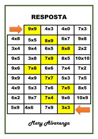 RESPOSTA
9x9 4x3 4x0 7x3
4x8 5x5 8x9 6x7 9x8
3x4 9x4 6x5 8x8 2x2
9x5 3x8 7x9 8x5 10x10
9x6 7x8 6x6 7x4 7x2
9x9 4x9 7x7 5x3 7x5
4x9 5x3 7x6 7x5 8x5
6x2 9x7 7x4 9x6 10x9
5x9 4x6 7x9 3x3
Mary Alvarenga
 
