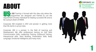 Corporate 360 Training is formed with this idea only where the
training programmes are designed and framed to suit the
requirement of every individual for leading successful life and to
be a proud citizen of INDIA.
Corporate 360 incepted in 2012 and pioneer in getting more
than 96 clients in across India.
Corporate 360 is a pioneer In the field of Learning and
Development, We offer professional training on Soft Skills
Communication Skills, Leadership Training, Outbound Training,
Interpersonal skills, Team Building, Presentation Skills, Body
Language, Emotional Intelligence and many more.
ABOUT
US
 www.corporate360.tk
: +91 7045266003
 : hr@corporate360.tk
1
CORPORATE 360
 
