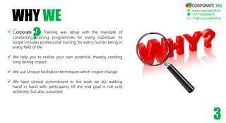  Corporate 360 Training was setup with the mandate of
conducting training programmes for every individual. Its
scope includes professional training for every human being in
every field of life.
 We help you to realize your own potential, thereby creating
long lasting impact.
 We use Unique facilitation techniques which inspire change.
 We have utmost commitment to the work we do, walking
hand in hand with participants till the end goal is not only
achieved, but also sustained.
WHY WE
?
 www.corporate360.tk
: +91 7045266003
 : hr@corporate360.tk
3
CORPORATE 360
 