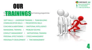 Corporate 360 Training solutions conduct training programmes
on following themes:
OUR
TRAININGS
 www.corporate360.tk
: +91 7045266003
 : hr@corporate360.tk
4
SOFT SKILLS I LEADERSHIP TRAINING I TEAM BUILDING
COMMUNICATION SKILLS I PRESENTATION SKILLS
COACHING & MENTORING I EMOTIONAL INTELLIGENCE
MANAGERIAL TRAINING I PROBLEM SOLVING
PERSONAL EFFECTIVENESS I STRESS MANAGEMENT
CONFLICT MANAGEMENT I MOTIVATIONAL TRAINING
PERSONALITY DEVELOPMENT I TIME MANAGEMENT
CORPORATE 360
 
