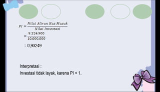 = 0,93249
Interpretasi :
Investasi tidak layak, karena PI < 1.
 