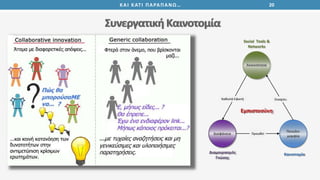 Συνεργατική Καινοτομία
20ΚΑΙ ΚΑΤΙ ΠΑΡΑΠΑΝΩ…
Ανοικτότητα
Ποικιλο-
μορφία
Διαφάνεια
Social Tools &
Networks
Καθιστά Εφικτή Ενισχύει
Διαμοιρασμός
Γνώσης
Καινοτομία
Προωθεί
Εμπιστοσύνη
 