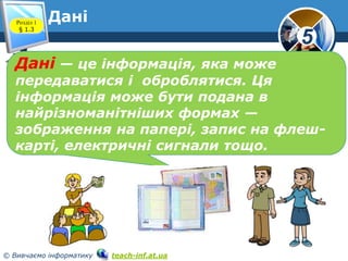 5
© Вивчаємо інформатику teach-inf.at.ua
Розділ 1
§ 1.3
Дані
Дані — це інформація, яка може
передаватися і оброблятися. Ця
інформація може бути подана в
найрізноманітніших формах —
зображення на папері, запис на флеш-
карті, електричні сигнали тощо.
 