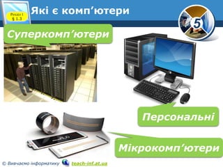 5
© Вивчаємо інформатику teach-inf.at.ua
Які є комп’ютери
www.teach-inf.at.ua
Персональні
Мікрокомп’ютери
Розділ 1
§ 1.3
Суперкомп’ютери
 