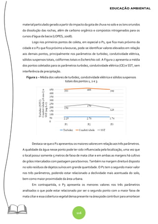 116
material particulado gerado a partir do impacto da gota de chuva no solo e os íons oriundos
da dissolução das rochas, além de carbono orgânico e compostos nitrogenados para os
cursos d’água da bacia (LOPES, 2008).
Logo nos primeiros pontos de coleta, em especial o P1, que fica mais próximo da
cidade e o P2 que fica próximo a lavouras, pode-se identificar valores elevados em relação
aos demais pontos, principalmente nos parâmetros de turbidez, condutividade elétrica,
sólidos suspensos totais, coliformes totais e Escherichia coli. A Figura 2 apresenta a média
dos pontos coletados para os parâmetros turbidez, condutividade elétrica (CE) e SST, sem
interferência de precipitação.
Figura 2 – Média dos valores de turbidez, condutividade elétrica e sólidos suspensos
totais dos pontos 1, 2 e 3
Destaca-se que o P2 apresentouosmaioresvaloresem relaçãoaos trêsparâmetros.
A qualidade da água nesse ponto pode ter sido influenciada pela localização, uma vez que
o local possui somente 5 metros de faixa de mata ciliar e em ambas as margens há cultivo
de grãos intercalados com pastagem para bovinos. Também na margem direita é disposto
no solo resíduos de dejetos suínos em grande quantidade. O P1 tem o segundo maior valor
nos três parâmetros, podendo estar relacionado a declividade mais acentuada do solo,
bem como maior proximidade da área urbana.
Em contrapartida, o P3 apresenta os menores valores nos três parâmetros
analisados o que pode estar relacionado por ser o segundo ponto com a maior faixa de
mata ciliar e essa cobertura vegetal densa presente na área pode contribuir para amortecer
 