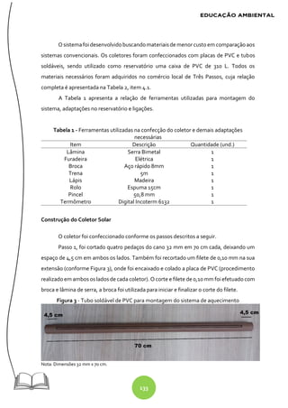 133
O sistemafoidesenvolvidobuscandomateriaisdemenorcusto em comparaçãoaos
sistemas convencionais. Os coletores foram confeccionados com placas de PVC e tubos
soldáveis, sendo utilizado como reservatório uma caixa de PVC de 310 L. Todos os
materiais necessários foram adquiridos no comércio local de Três Passos, cuja relação
completa é apresentada na Tabela 2, item 4.1.
A Tabela 1 apresenta a relação de ferramentas utilizadas para montagem do
sistema, adaptações no reservatório e ligações.
Tabela 1 - Ferramentas utilizadas na confecção do coletor e demais adaptações
necessárias
Item Descrição Quantidade (und.)
Lâmina Serra Bimetal 1
Furadeira Elétrica 1
Broca Aço rápido 8mm 1
Trena 5m 1
Lápis Madeira 1
Rolo Espuma 15cm 1
Pincel 50,8 mm 1
Termômetro Digital Incoterm 6132 1
Construção do Coletor Solar
O coletor foi confeccionado conforme os passos descritos a seguir.
Passo 1, foi cortado quatro pedaços do cano 32 mm em 70 cm cada, deixando um
espaço de 4,5 cm em ambos os lados. Também foi recortado um filete de 0,10 mm na sua
extensão (conforme Figura 3), onde foi encaixado e colado a placa de PVC (procedimento
realizado em ambos os lados de cada coletor). O corte e filete de0,10 mm foiefetuado com
broca e lâmina de serra, a broca foi utilizada para iniciar e finalizar o corte do filete.
Figura 3 - Tubo soldável de PVC para montagem do sistema de aquecimento
Nota: Dimensões 32 mm x 70 cm.
 