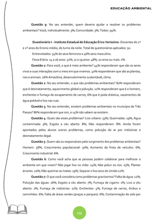 175
Questão 9: No seu entender, quem deveria ajudar a resolver os problemas
ambientais? Você, individualmente: 3%; Comunidade: 3%; Todos: 94%.
Questionário I - Instituto Estadual de Educação Érico Veríssimo: Discentes do 1º
e 2º anos do Ensino médio, do turno da noite. Total de questionários aplicados: 50.
Entrevistados: 54% do sexo feminino e 46% sexo masculino.
Faixa Etária: 14 a 16 anos: 51%; 17 a 19 anos: 48%; 20 anos ou mais: 1%.
Questão 1: Para você, o que é meio ambiente? 44% responderam que são os seres
vivos e suas interações com o meio em que vivemos. 40% responderam que são as plantas,
rios e animais. 16% Amazônia, desenvolvimento sustentável, clima.
Questão 2: No seu entender, o que são problemas ambientais? 80% responderam
que é desmatamento, aquecimento global e poluição. 12% responderam que é o homem,
enchentes e fumaça de escapamento de carros; 6% que é poda drástica, vazamentos de
água potável e lixo nas ruas.
Questão 3: No seu entender, existem problemas ambientais no município de Três
Passos? 86% responderam que sim, e 14% não sabem se existem.
Questão 4: Quais são esses problemas? Lixo urbano: 53%; Queimadas: 19%; Água
contaminada: 9%; Esgoto a céu aberto: 8%; Não responderam: 8%. Ainda foram
apontados pelos alunos outros problemas, como poluição do ar por indústrias e
desmatamento ilegal.
Questão 5: Quem são os responsáveis pelo surgimento dos problemas ambientais?
Homem: 58%; Crescimento populacional: 30%; Aumento da frota de veículos: 6%;
Crescimento industrial: 6%.
Questão 6: Como você acha que as pessoas podem colaborar para melhorar o
ambiente em que vivem? Não jogar lixo no chão: 24%; Não poluir os rios: 25%; Plantar
árvores: 20%; Não queimar as matas: 19%; Separar o lixo seco do úmido:12%.
Questão 7: O que você considera como problemas gravíssimos? Falta de água: 12%;
Poluição das águas: 16%; Esgoto a céu aberto: 7%; Fumaça de cigarro: 1%; Lixo a céu
aberto: 7%; Fumaça de indústrias: 11%; Enchentes: 4%; Fumaça de carros, ônibus e
caminhões: 6%; Falta de áreas verdes (praças e parques): 6%; Contaminação do solo por
 