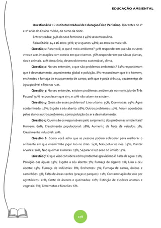 178
Questionário II - Instituto Estadual de Educação Érico Veríssimo: Discentes do 1º
e 2º anos do Ensino médio, do turno da noite.
Entrevistados: 54% do sexo feminino e 46% sexo masculino.
Faixa Etária: 14 a 16 anos: 51%; 17 a 19 anos: 48%; 20 anos ou mais: 1%.
Questão 1: Para você, o que é meio ambiente? 52% responderam que são os seres
vivos e suas interações com o meio em que vivemos. 36% responderam que são as plantas,
rios e animais. 12% Amazônia, desenvolvimento sustentável, clima.
Questão 2: No seu entender, o que são problemas ambientais? 82% responderam
que é desmatamento, aquecimento global e poluição. 8% responderam que é o homem,
enchentes e fumaça de escapamento de carros; 10% que é poda drástica, vazamentos de
água potável e lixo nas ruas.
Questão 3: No seu entender, existem problemas ambientais no município de Três
Passos? 90% responderam que sim, e 10% não sabem se existem.
Questão 4: Quais são esses problemas? Lixo urbano: 35%; Queimadas: 19%; Água
contaminada: 18%; Esgoto a céu aberto: 18%; Outros problemas: 10%. Foram apontados
pelos alunos outros problemas, como poluição do ar e desmatamento.
Questão 5: Quem são os responsáveis pelo surgimento dos problemas ambientais?
Homem: 60%; Crescimento populacional: 28%; Aumento da frota de veículos: 2%;
Crescimento industrial: 10%.
Questão 6: Como você acha que as pessoas podem colaborar para melhorar o
ambiente em que vivem? Não jogar lixo no chão: 24%; Não poluir os rios: 25%; Plantar
árvores: 20%; Não queimar as matas: 17%; Separar o lixo seco do úmido:14%.
Questão 7: O que você considera como problemas gravíssimos? Falta de água: 11%;
Poluição das águas: 13%; Esgoto a céu aberto: 7%; Fumaça de cigarro: 1%; Lixo a céu
aberto: 13%; Fumaça de indústrias: 8%; Enchentes: 3%; Fumaça de carros, ônibus e
caminhões: 5%; Falta de áreas verdes (praças e parques): 11%; Contaminação do solo por
agrotóxicos: 12%; Corte de árvores e queimadas: 10%; Extinção de espécies animais e
vegetais: 6%; Terremotos e furacões: 6%.
 