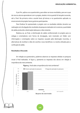 196
E por fim, aplicou-se o questionário, para obter-se novos resultados, para ver o que
de novo os alunos aprenderam com o projeto, desde o início quando foi lançado na escola,
até o final. Na primeira visita a escola havia 38 alunos e no questionário aplicado no
encerramento do projeto havia 39 alunos participantes.
Para finalizar foi apresentado o projeto com os resultados obtidos durante sua
realização com divulgação dos resultados da pesquisa realizada com os alunos, quantidade
de sabão produzido e destinação dada para o óleo restante.
Realizou-se, ao final, a distribuição do sabão confeccionado no projeto para os
colegas e orientadores com forma de divulgação, será mostrado um folder com
informações e orientações sobre os impactos causado pela destinação incorreta, e
alternativas de reutilizar o óleo de cozinha e seus benefícios e a receita utilizada para a
confecção do sabão.
Resultados e Discussão
Em relação ao questionário, podemos observar as respostas obtidas na pesquisa
inicial e final realizadas. A figura 4 apresenta as respostas dos alunos em relação à
importância do meio ambiente.
Figura 4. Você sabe a importância do meio ambiente?
 