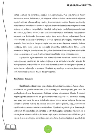 214
hortas escolares na alimentação escolar e da comunidade. Para isso, também foram
distribuídas mudas de hortaliças, ao longo de todo o trabalho, bem como de algumas
mudas frutíferas, adubo orgânico e outros itens necessários ao início do desenvolvimento
ou ao estímulo à melhoria da produção agrícola às famílias dos escolares integrantes deste
projeto, em ambas as comunidades, visando à melhoria das condições socioeconômicas
das famílias, a partir da produção para subsistência em hortas domésticas. Nas ações em
que ocorreu a distribuição de mudas e outros itens sempre foram realizadas de forma
concomitante, atividades de orientações teóricas e práticas em relação à importância da
produção de subsistência, da agroecologia, e do uso de tecnologias de produção de base
ecológica, bem como ações de educação ambiental, trabalhando-se temas como
preservação da água, do solo, fauna e flora, além do repasse de informações e orientações
sobre a segurança no preparo de alimentos com qualidade, entre outros assuntos.
A partir das ações realizadas nas hortas escolares buscou-se a valorização dos
conhecimentos tradicionais da cultura indígena e da agricultura familiar, através do
diálogo com os participantes das atividades realizadas durante a execução do projeto, e
pretendeu-se, sobretudo, promover a difusão da agroecologia e a educação ambiental,
com melhoria da qualidade de vida dos participantes.
Resultados e discussão
O públicoatingidocom estapropostadeextensãoé apresentadonaTabela1. Pode-
se observar um grande aumento de público no segundo ano do projeto, por conta da
ampliação do número das atividades didáticas, visitas e atividades de difusão. O número
de participantes das atividades em geral aumentou de 2013 para 2014 e diminuiu de 2014
para 2015, por conta de ter-se trabalhado apenas com a escola indígena. Destaca-se
também o grande número de pessoas envolvidas com o projeto, 1159, podendo ser
considerado como um importante resultado na difusão da agroecologia e da educação
ambiental. Os resultados relacionados às atividades/ações realizadas incluíram: (i) a
instalação de hortas domésticas de base ecológica pelas famílias da comunidade em geral
e o uso de seus produtos na alimentação com a melhoria da alimentação e da qualidade de
 