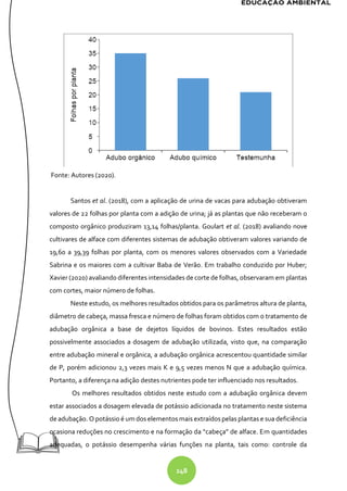248
Fonte: Autores (2020).
Santos et al. (2018), com a aplicação de urina de vacas para adubação obtiveram
valores de 22 folhas por planta com a adição de urina; já as plantas que não receberam o
composto orgânico produziram 13,14 folhas/planta. Goulart et al. (2018) avaliando nove
cultivares de alface com diferentes sistemas de adubação obtiveram valores variando de
19,60 a 39,39 folhas por planta, com os menores valores observados com a Variedade
Sabrina e os maiores com a cultivar Baba de Verão. Em trabalho conduzido por Huber;
Xavier (2020) avaliando diferentes intensidades de corte de folhas, observaram em plantas
com cortes, maior número de folhas.
Neste estudo, os melhores resultados obtidos para os parâmetros altura de planta,
diâmetro de cabeça, massa fresca e número de folhas foram obtidos com o tratamento de
adubação orgânica a base de dejetos líquidos de bovinos. Estes resultados estão
possivelmente associados a dosagem de adubação utilizada, visto que, na comparação
entre adubação mineral e orgânica, a adubação orgânica acrescentou quantidade similar
de P, porém adicionou 2,3 vezes mais K e 9,5 vezes menos N que a adubação química.
Portanto, a diferença na adição destes nutrientes pode ter influenciado nos resultados.
Os melhores resultados obtidos neste estudo com a adubação orgânica devem
estar associados a dosagem elevada de potássio adicionada no tratamento neste sistema
de adubação. O potássio é um dos elementos mais extraídos pelas plantas e sua deficiência
ocasiona reduções no crescimento e na formação da “cabeça” de alface. Em quantidades
adequadas, o potássio desempenha várias funções na planta, tais como: controle da
 