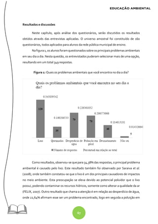 67
Resultados e discussões
Neste capítulo, após análise dos questionários, serão discutidos os resultados
obtidos através das entrevistas aplicadas. O universo amostral foi constituído de 160
questionários, todos aplicados para alunos da rede pública municipal de ensino.
Nafigura1, os alunosforam questionados sobre osprincipais problemas ambientais
em seu dia a dia. Nesta questão, os entrevistados puderam selecionar mais de uma opção,
resultando em um total 349 respostas.
Figura 1: Quais os problemas ambientais que você encontra no dia a dia?
Como resultados, observou-se que para 34,38% das respostas, o principal problema
ambiental é causado pelo lixo. Este resultado também foi observado por Saraiva et al.
(2008), onde também constatou-se que o lixo é um dos principais causadores de impactos
no meio ambiente. Esta preocupação se eleva devido ao potencial poluidor que o lixo
possui, podendo contaminar os recursos hídricos, somente como alterar a qualidade da ar
(FELIX, 2007). Outro resultado que chama a atenção é em relação ao desperdício de água,
onde 22,64% afirmam esse ser um problema encontrado, logo em seguida a poluição em
 