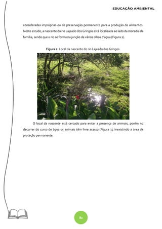 82
consideradas impróprias ou de preservação permanente para a produção de alimentos.
Neste estudo, a nascente do rio Lajeado dos Gringos está localizada ao lado da moradia da
família, sendo que o rio se forma na junção de vários olhos d’água (Figura 2).
Figura 2: Local da nascente do rio Lajeado dos Gringos.
O local da nascente está cercado para evitar a presença de animais, porém no
decorrer do curso de água os animais têm livre acesso (Figura 3), inexistindo a área de
proteção permanente.
 