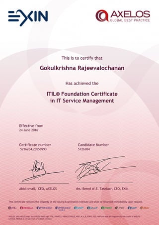 This is to certify that
Gokulkrishna Rajeevalochanan
Has achieved the
ITIL® Foundation Certificate
in IT Service Management
Effective from
24 June 2016
Certificate number Candidate Number
5726204.20550993 5726204
Abid Ismail, CEO, AXELOS drs. Bernd W.E. Taselaar, CEO, EXIN
This certificate remains the property of the issuing Examination Institute and shall be returned immediately upon request.
AXELOS, the AXELOS logo, the AXELOS swirl logo, ITIL, PRINCE2, PRINCE2 AGILE, MSP, M_o_R, P3M3, P3O, MoP and MoV are registered trade marks of AXELOS
Limited. RESILIA is a trade mark of AXELOS Limited.
 
