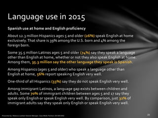 Spanish use at home and English proficiency
About 12.3 million Hispanics ages 5 and older (26%) speak English at home
exclusively.That share is 39% among the U.S. born and 4% among the
foreign born.
Some 35.5 million Latinos ages 5 and older (74%) say they speak a language
other than English at home, whether or not they also speak English at home.
Among them, 35.3 million say the other language they speak is Spanish.
Among Hispanics (ages 5 and older) who speak a language other than
English at home, 56% report speaking English very well.
One-third of all Hispanics (33%) say they do not speak English very well.
Among immigrant Latinos, a language gap exists between children and
adults. Some 70% of immigrant children between ages 5 and 17 say they
speak only English or speak English very well. By comparison, just 32% of
immigrant adults say they speak only English or speak English very well.
Language use in 2015
 