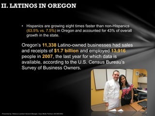 II. LATINOS IN OREGON
• Hispanics are growing eight times faster than non-Hispanics
(63.5% vs. 7.5%) in Oregon and accounted for 43% of overall
growth in the state.
Oregon’s 11,338 Latino-owned businesses had sales
and receipts of $1.7 billion and employed 13,916
people in 2007, the last year for which data is
available, according to the U.S. Census Bureau’s
Survey of Business Owners.
 
