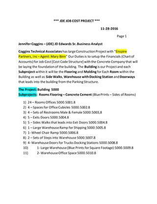 *** JDE JOB COST PROJECT ***
11-28-2016
Page 1
Jennifer Coggins – (JDE) JD Edwards Sr. Business Analyst
Coggins Technical Associates has largeConstruction Projectwith “Enspire
Partners, Inc –Agent: Mary Binn” Our Duties is to setup the Financials (Chartof
Accounts) for Job Cost[Cost Code Structure] with the Concrete Company that will
be laying the foundation of the building. The Building is our Projectand each
Subproject within it will be the Flooring and Molding for Each Room within the
Building as well as Side Walks, Warehouse withDocking Station and Doorways
that leads into the building from the Parking Structure.
The Project: Building 5000
Subprojects: Rooms Flooring – Concrete Cement (BluePrints – Sides of Rooms)
1) 24 – Rooms Offices 5000.5001.8
2) 4 – Spaces for OfficeCubicles 5000.5002.8
3) 4 – Sets of Restrooms Male & Female 5000.5003,8
4) 5 – Exits Doors 5000.5004.8
5) 5 – Sides Walks that leads into Exit Doors 5000.5004.8
6) 1 – Large WarehouseRamp for Shipping 5000.5005.8
7) 1- Wheel Chair Ramp 5000.5006.8
8) 2 – Sets of Steps into Warehouse 5000.5007.8
9) 4- WarehouseDoors for Trucks Docking Stations 5000.5008.8
10) 1- Large Warehouse(Blue Prints for Square Footage) 5000.5009.8
11) 2- WarehouseOffice Space5000.5010.8
 